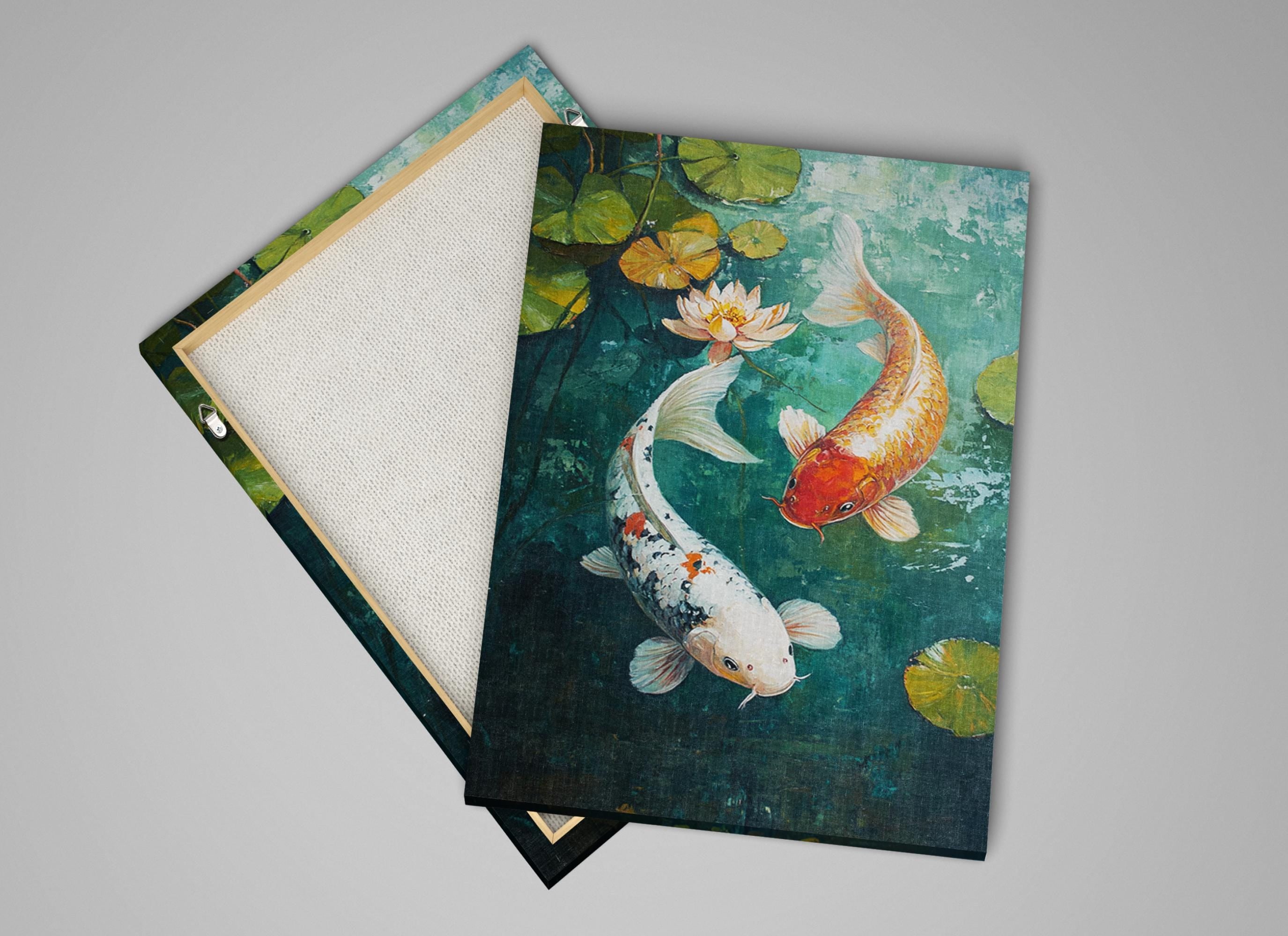two paintings of koi fish in a pond with lily pads