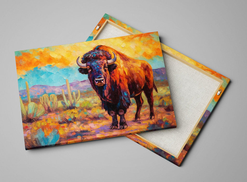 a large, brown buffalo standing in a desert landscape with cacti and mountains in the background.
