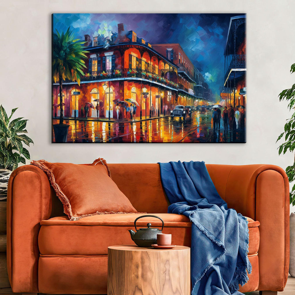 a vibrant and colorful painting of a lively street scene, with buildings, people, and cars, all illuminated by the warm glow of the setting sun.