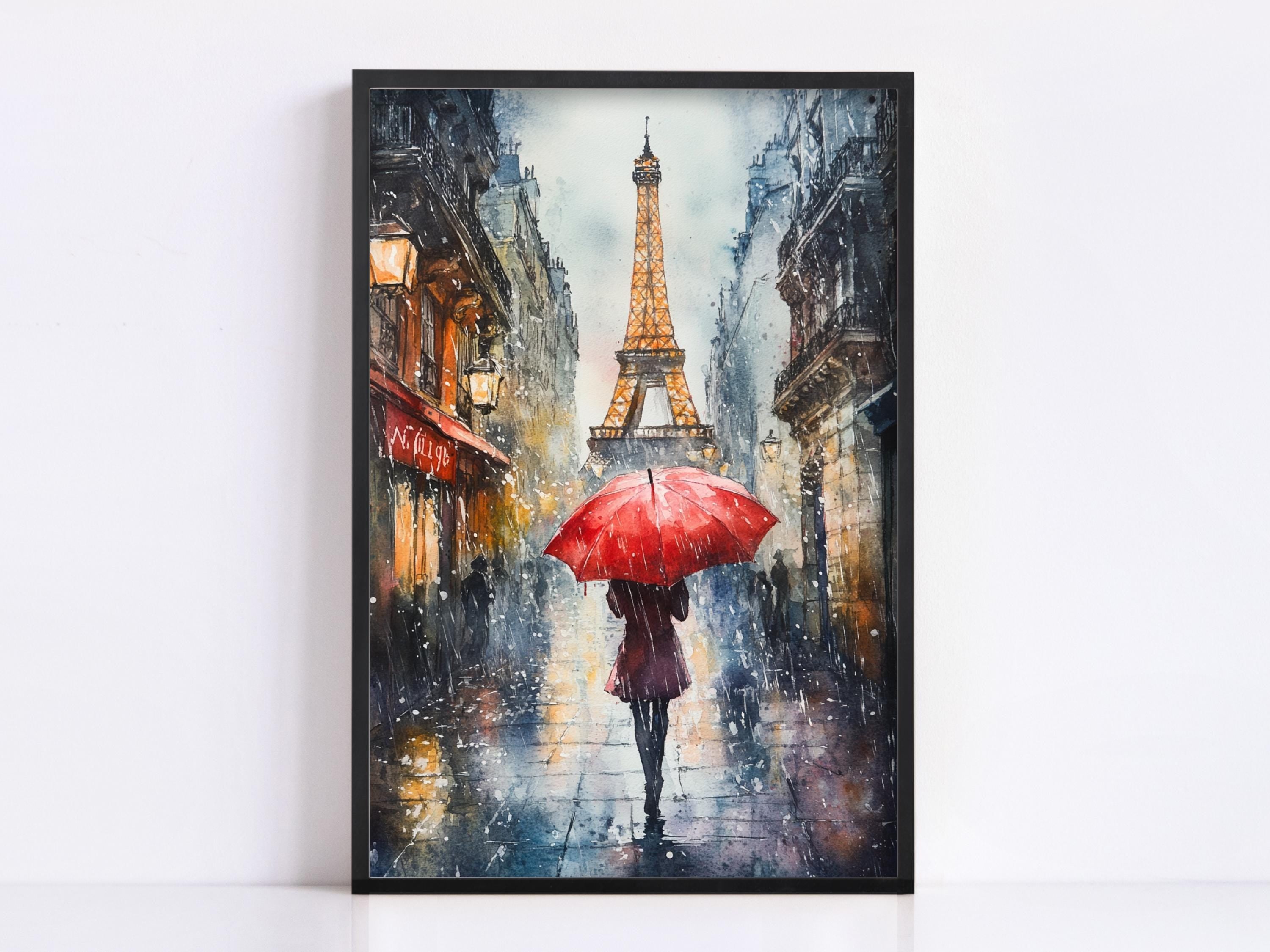 A woman walks down a rainy street, holding a red umbrella, with the Eiffel Tower visible in the background.