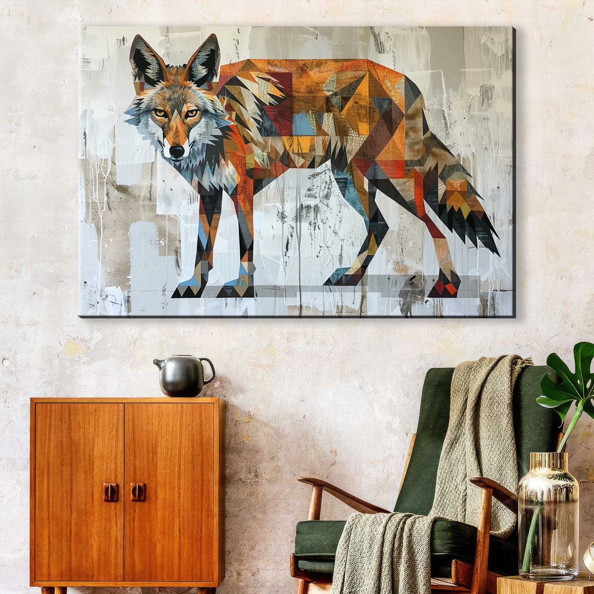 Modern Coyote Art | Large Canvas Art with Expressive Brush Strokes – UV Coated, Ready to Hang