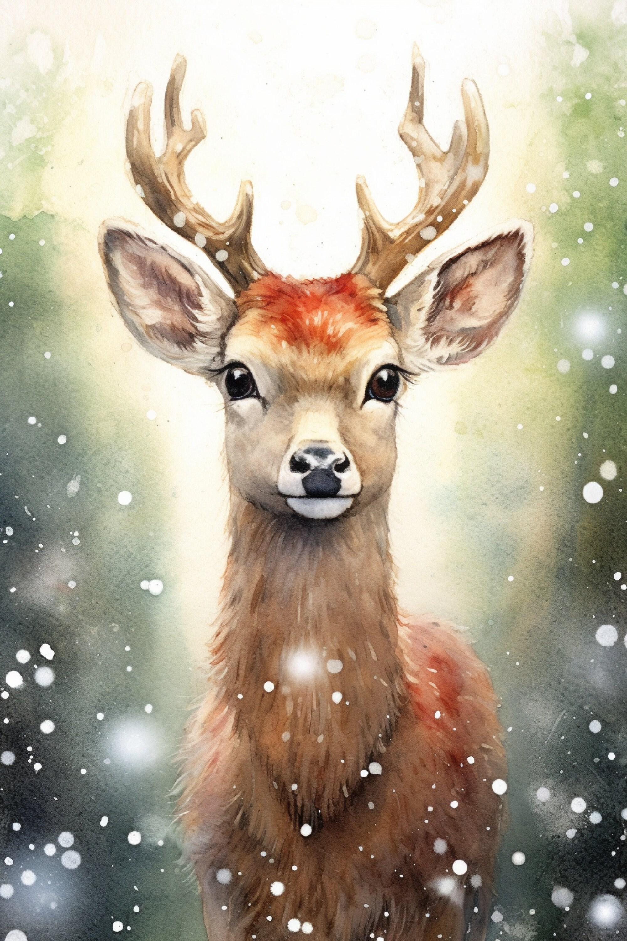 Baby Reindeer Watercolor - Festive Christmas Art, Giclee Print on Canvas, Artist Paper, Watercolor Paper, Available in Extra Large Sizes