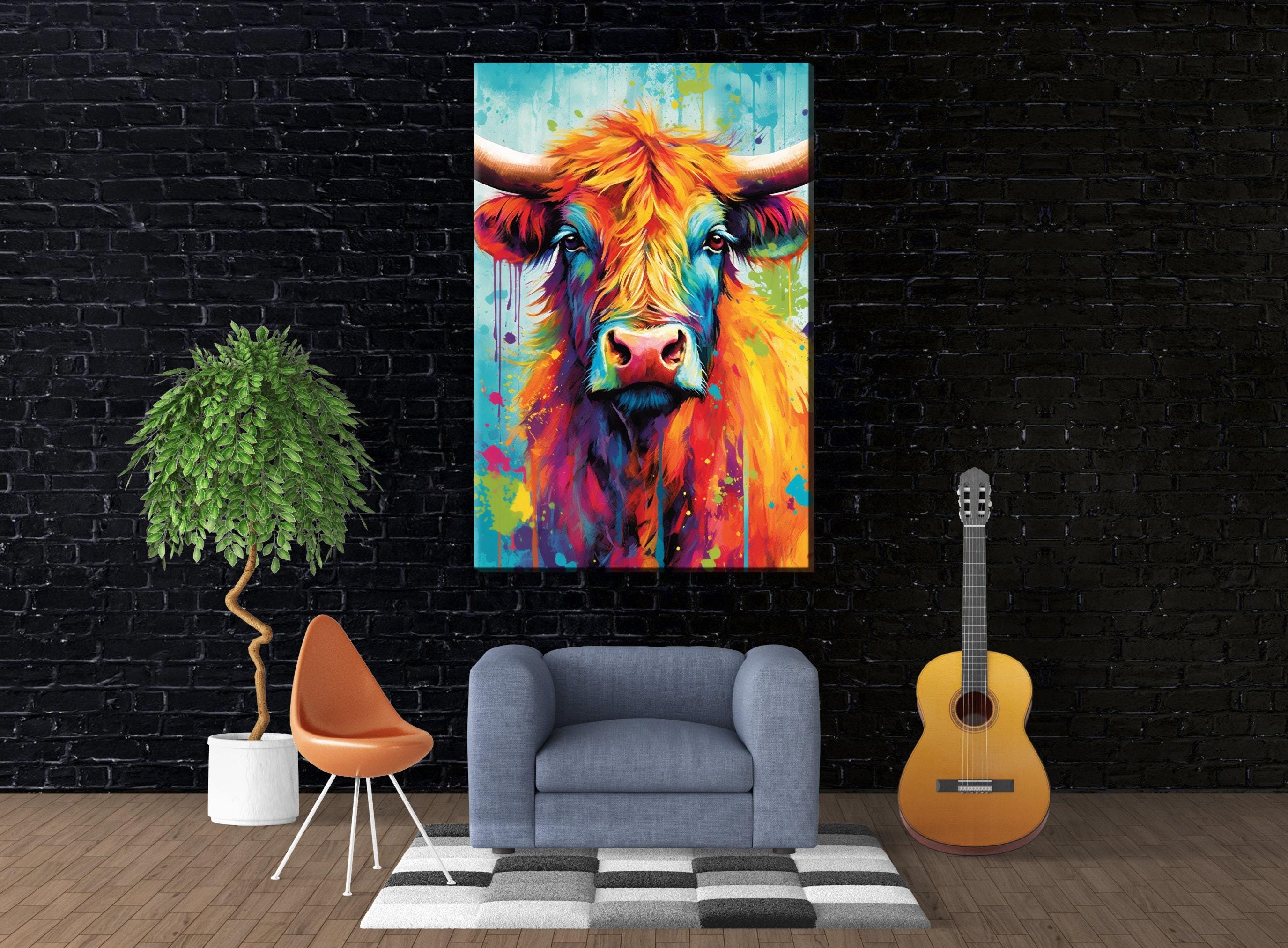 Highland Cow Painting – Watercolor Canvas Print | Colorful Cow Art on Large Canvas