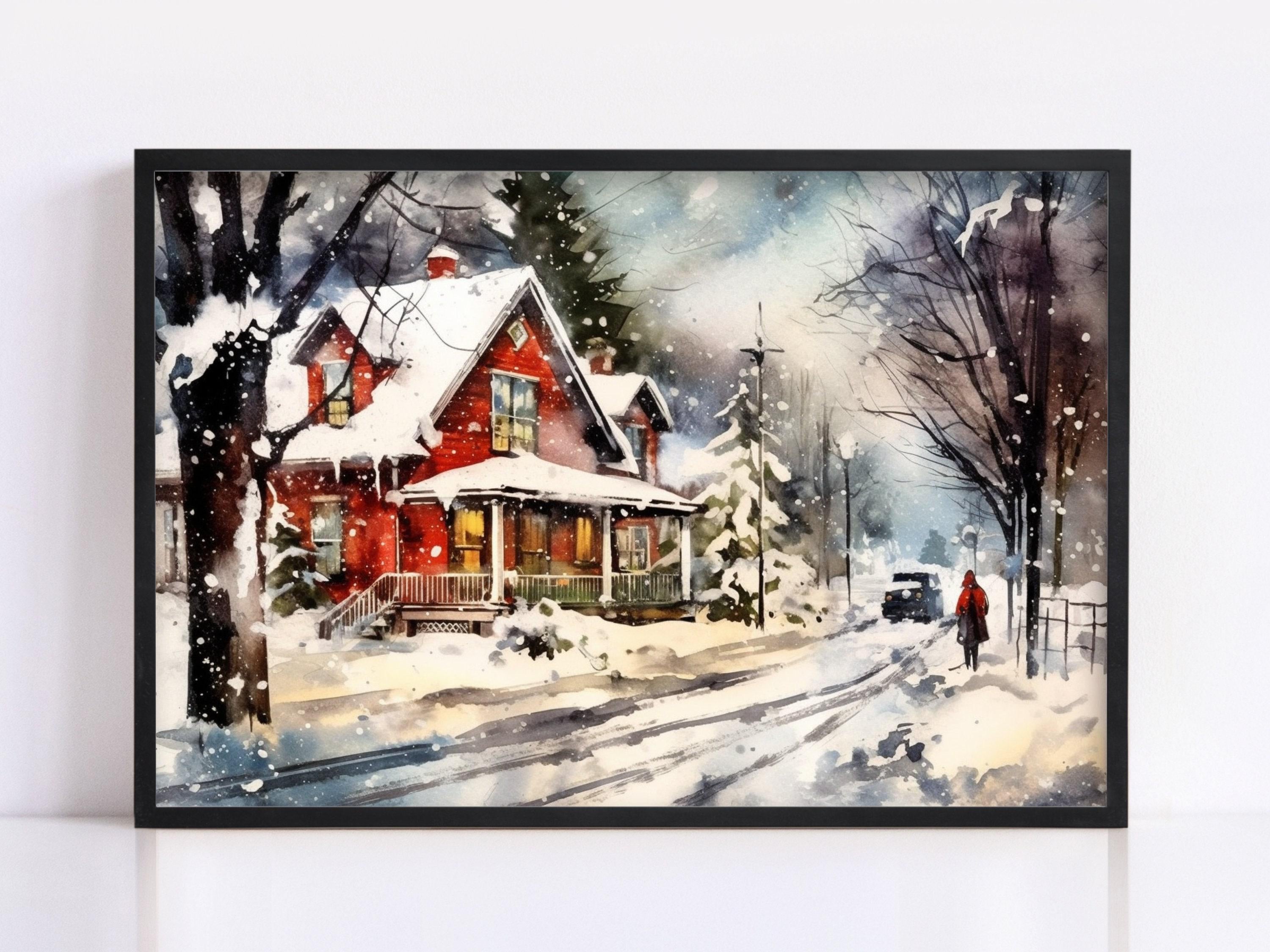 Snowy Christmas Landscape Watercolor - Seasonal Home Decor, Print on Canvas, Artist Paper, Watercolor Paper, Available in Extra Large Sizes