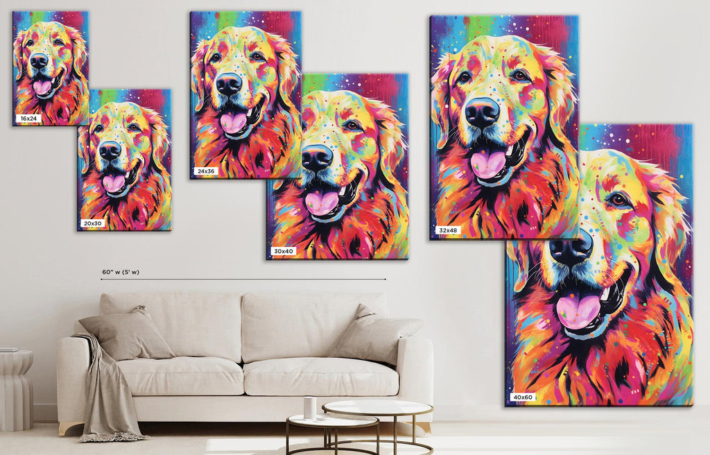 Golden Retriever Canvas - Large Colorful Dog Wall Art Print With Wood Frame
