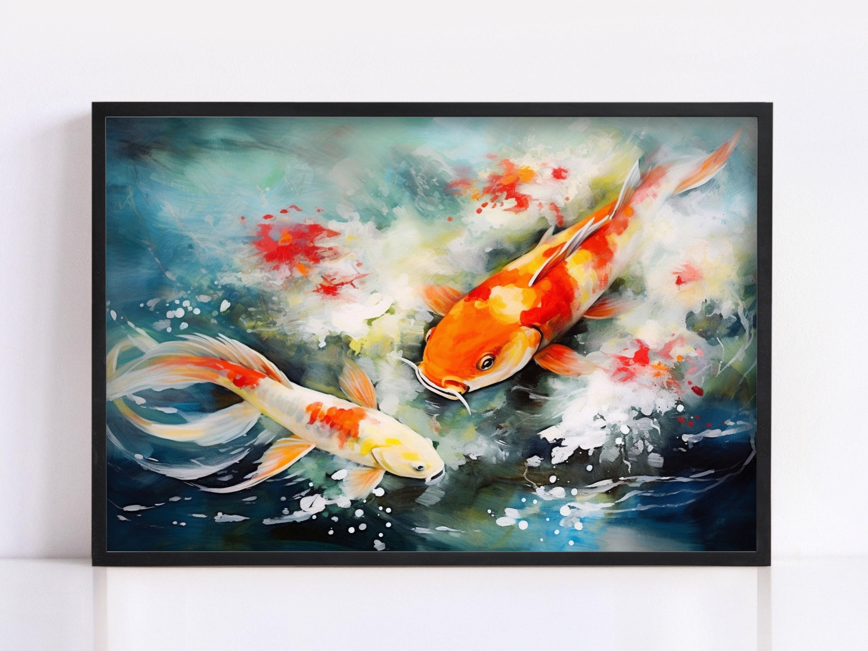 Japanese Koi Watercolor Art for Walls, Giclee Print on Canvas, Artist Paper, Watercolor Paper, Available in Extra Large Sizes