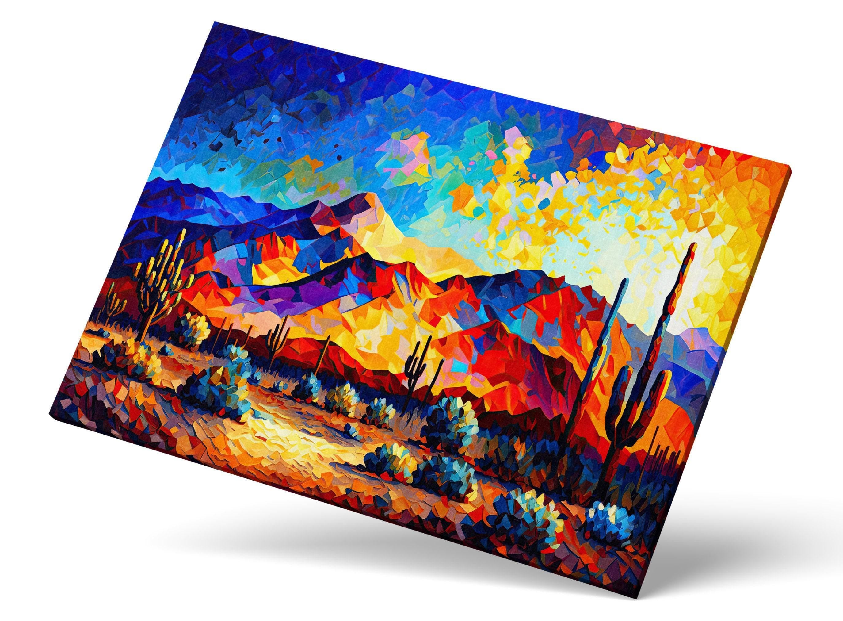 The image is a vibrant, colorful painting depicting a desert landscape with mountains, cacti, and a warm, fiery sunset.