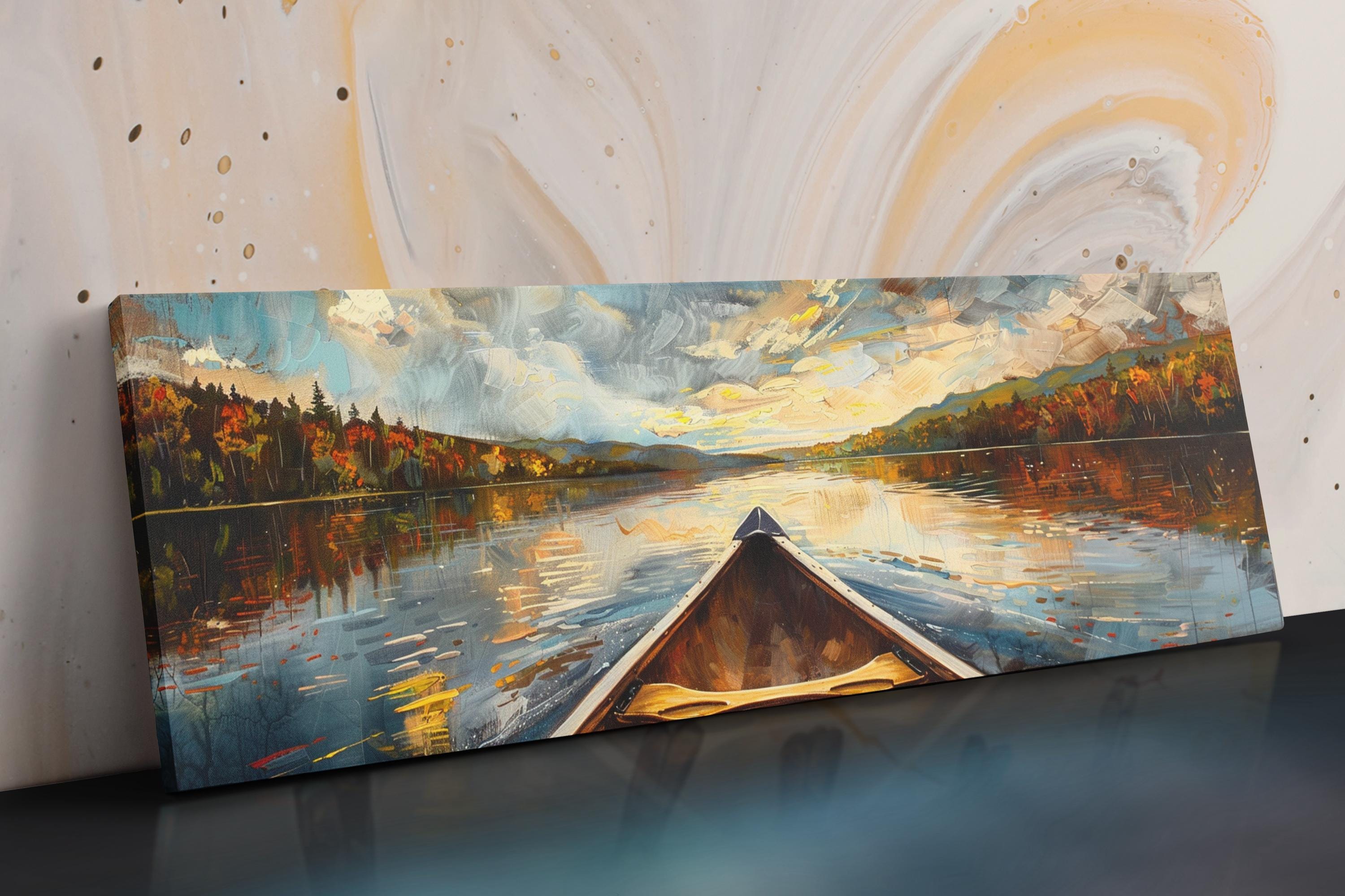 The image is a painting depicting a canoe on a lake, with a scenic landscape in the background featuring trees and a cloudy sky.