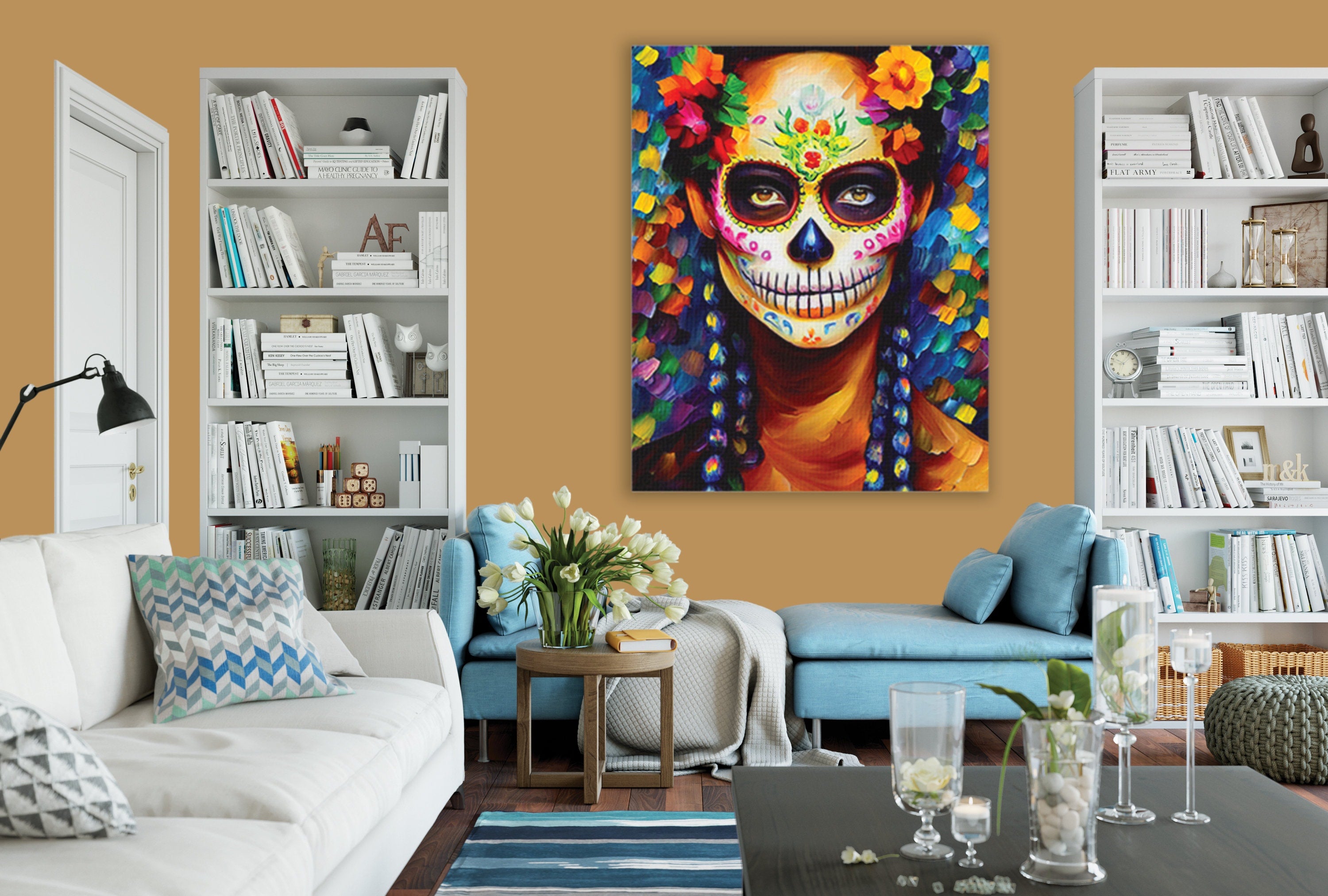 Sugar Skull Wall Art - Dia De Los Muertos Art Canvas Featuring Colorful Skull Print