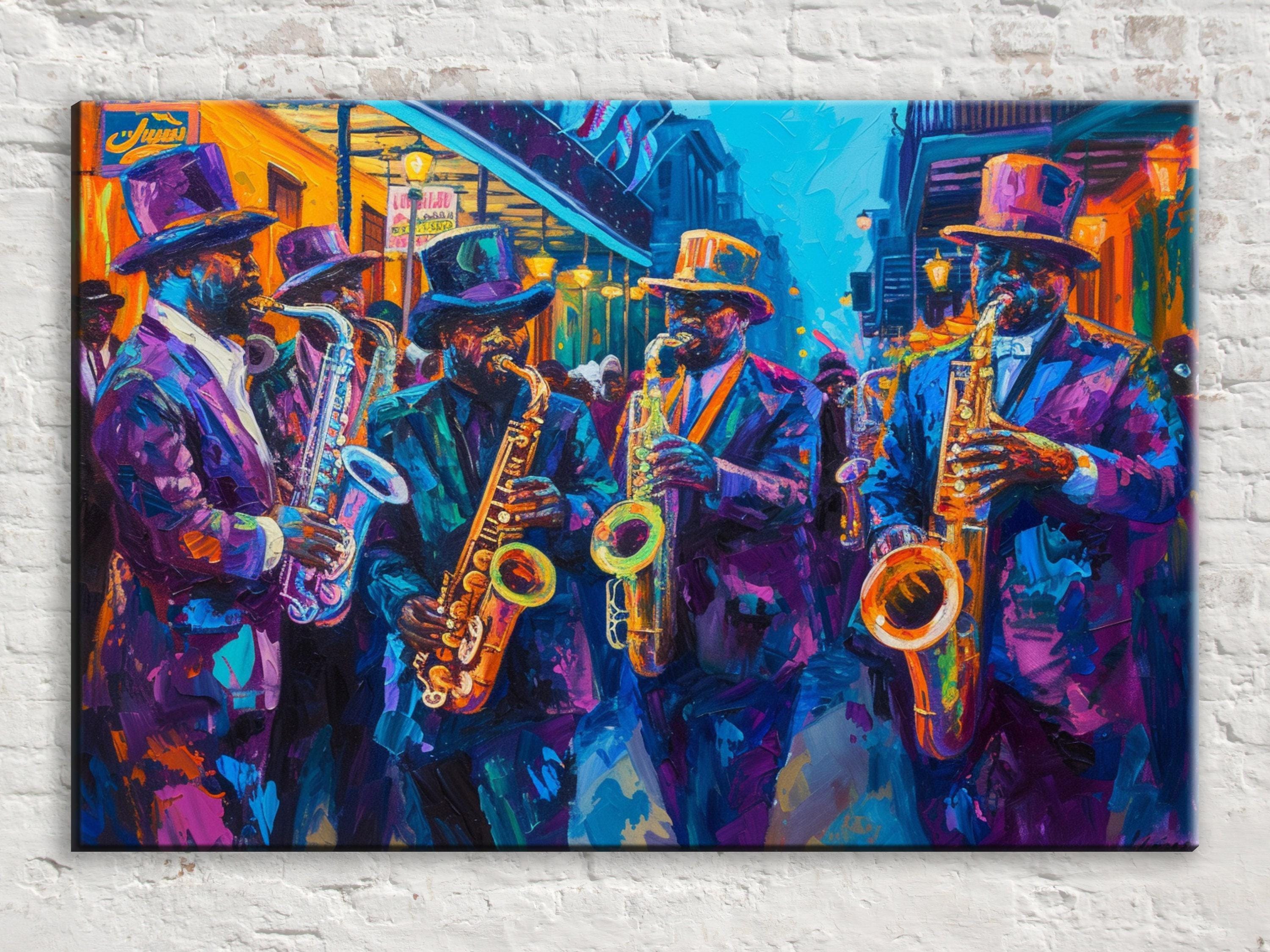 A vibrant painting depicting a group of musicians playing saxophones on a city street, with colorful buildings and street lamps in the background.