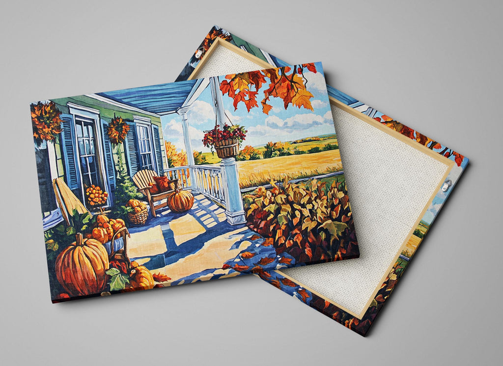 The image is a painting depicting a porch with a blue roof, surrounded by autumn foliage and pumpkins.