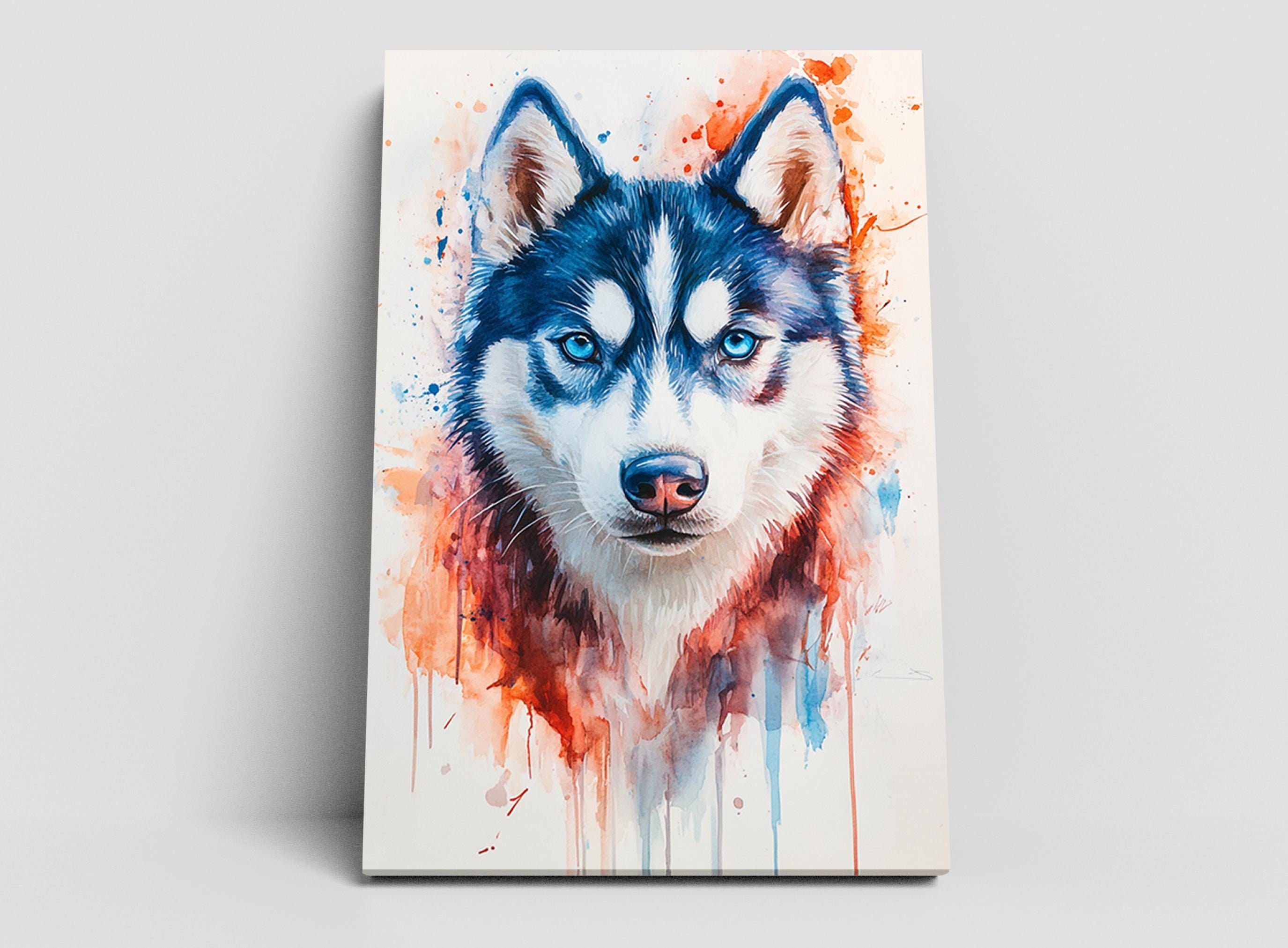A close-up portrait of a blue and white husky dog with striking blue eyes, set against a background of vibrant splashes of red, orange, and blue paint.