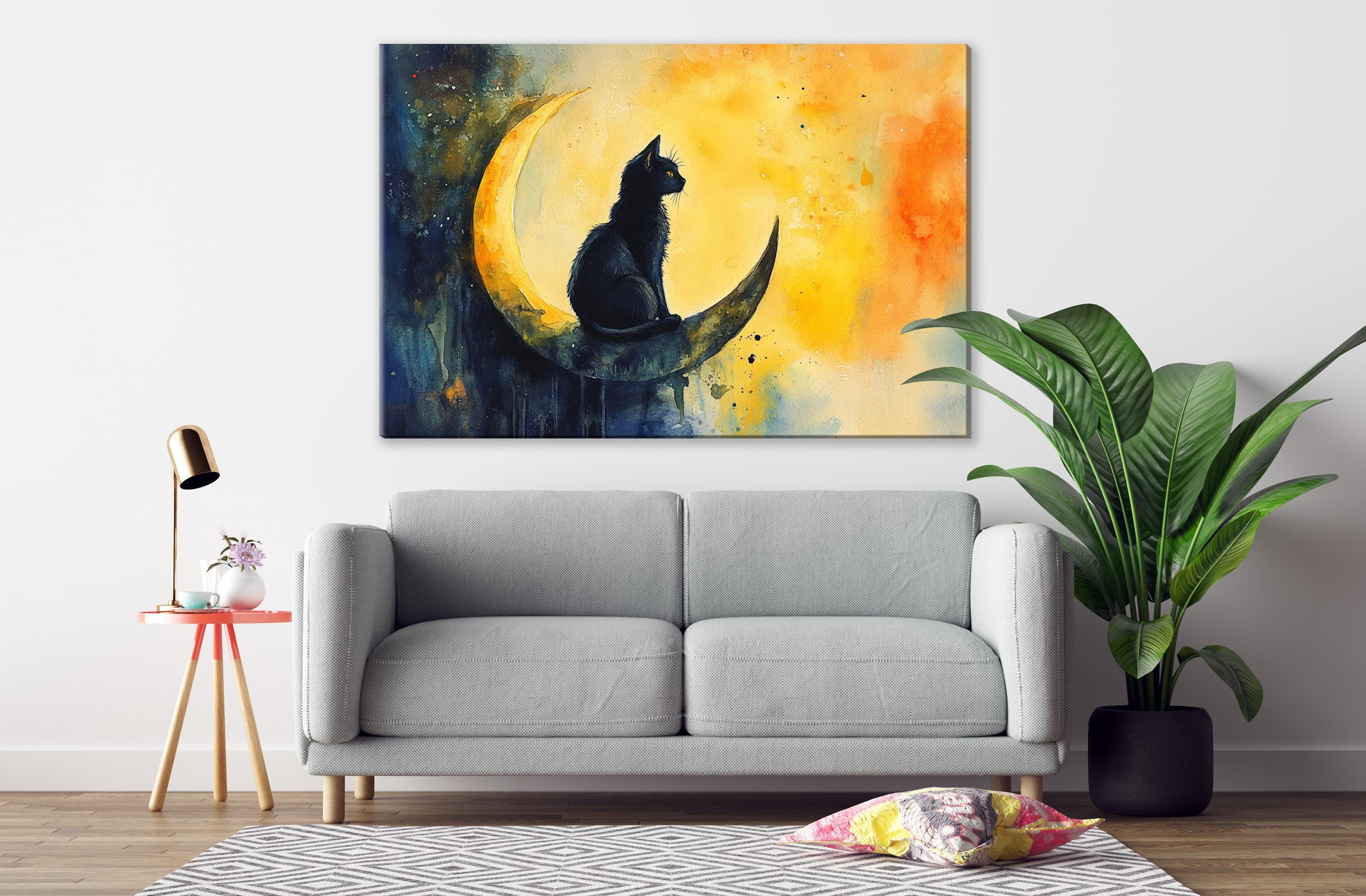 a gray sofa, a potted plant, a lamp, and a painting of a cat sitting on a crescent moon.