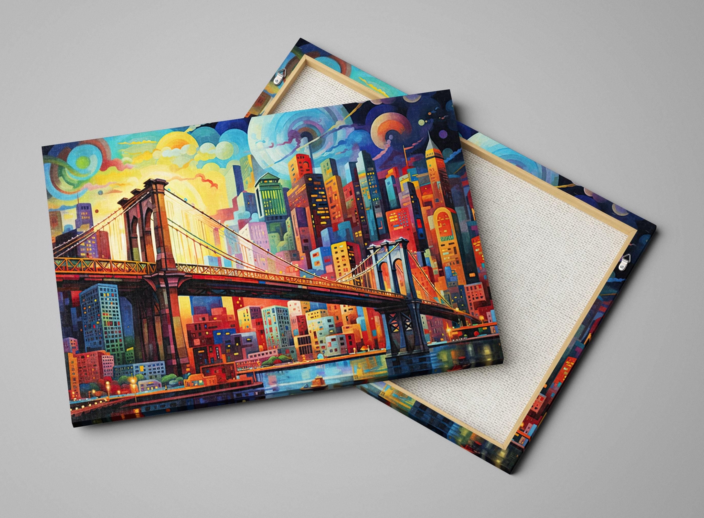 The image is a vibrant and colorful painting depicting a cityscape with a prominent bridge in the foreground.