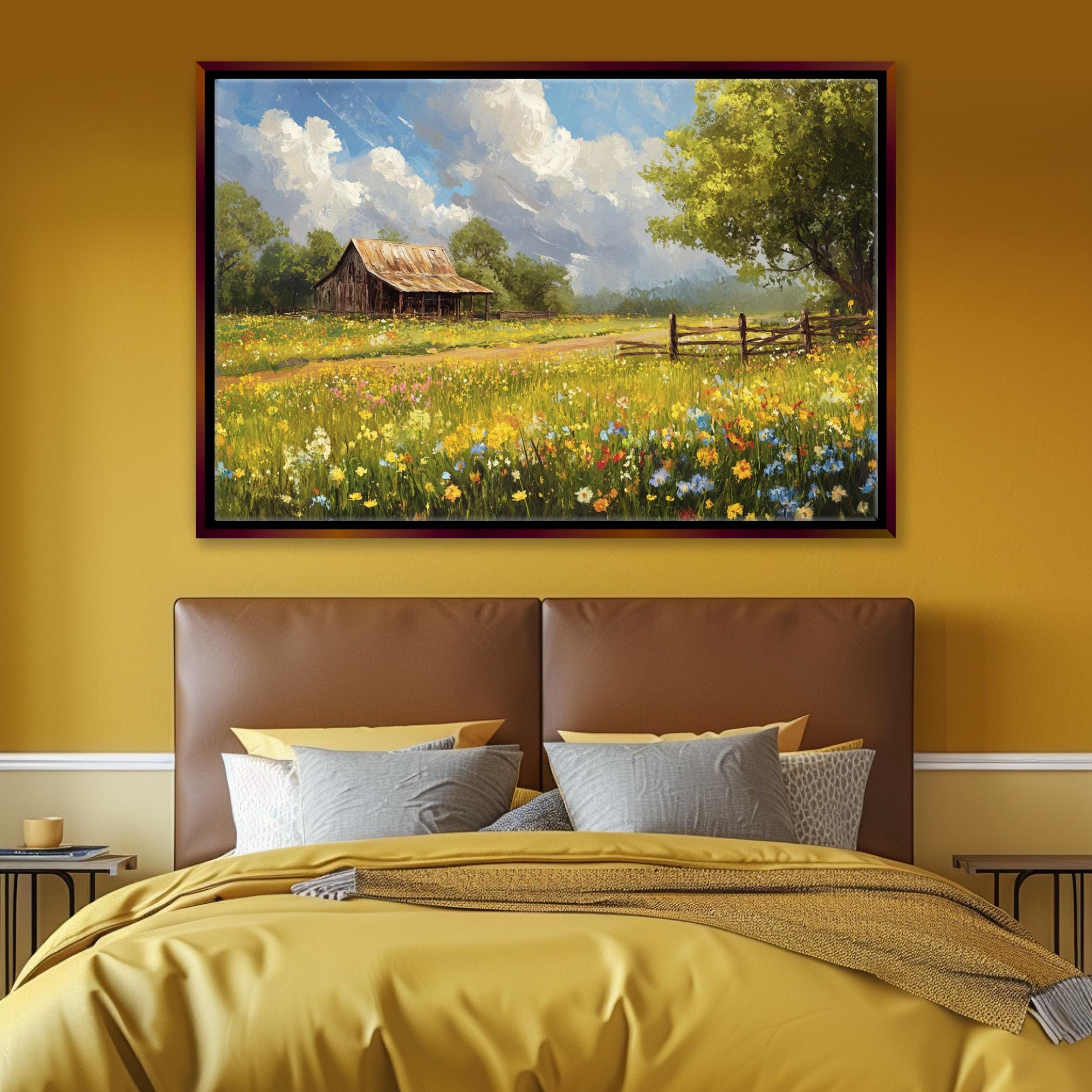 a painting of a field with a barn in the background
