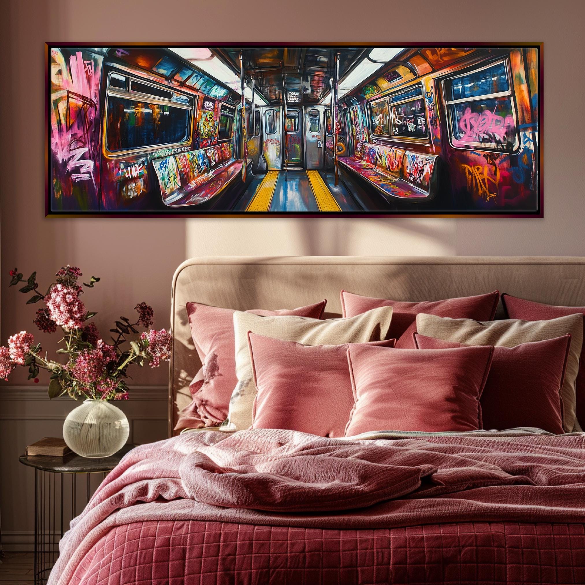 a bedroom with a bed and a painting on the wall