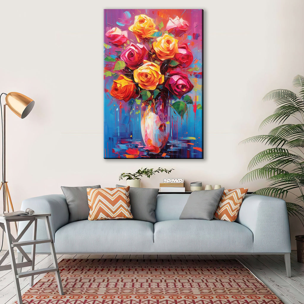 Rose Bouquet Canvas – Large Floral Wall Decor | Vibrant Abstract Roses Art Print
