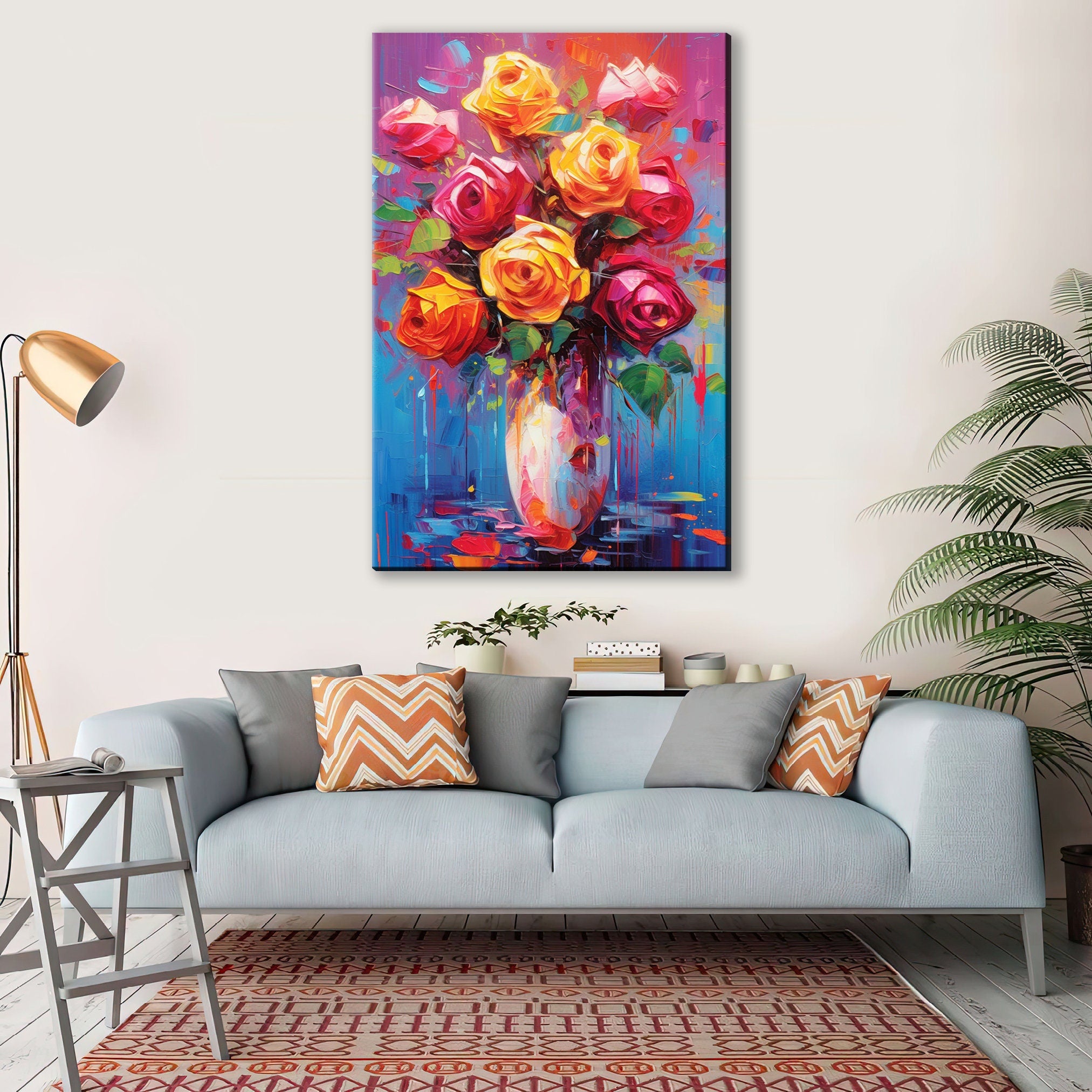 Rose Bouquet Canvas – Large Floral Wall Decor | Vibrant Abstract Roses Art Print