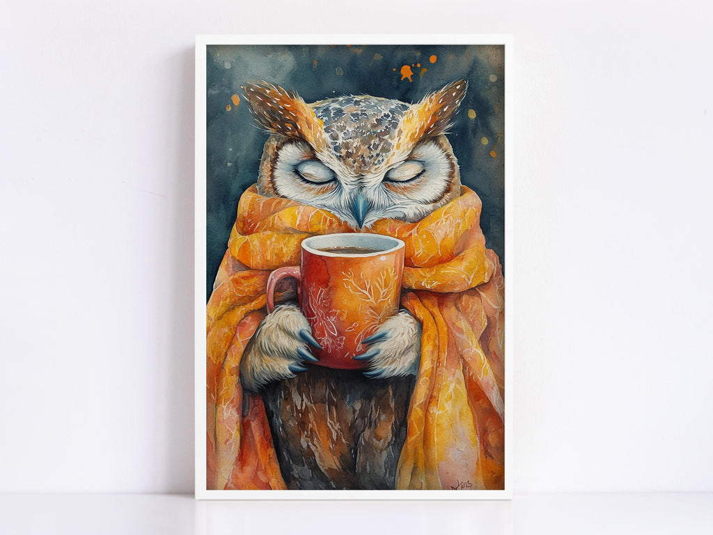 A painting of an owl wrapped in a blanket and holding a cup of coffee, with its eyes closed.