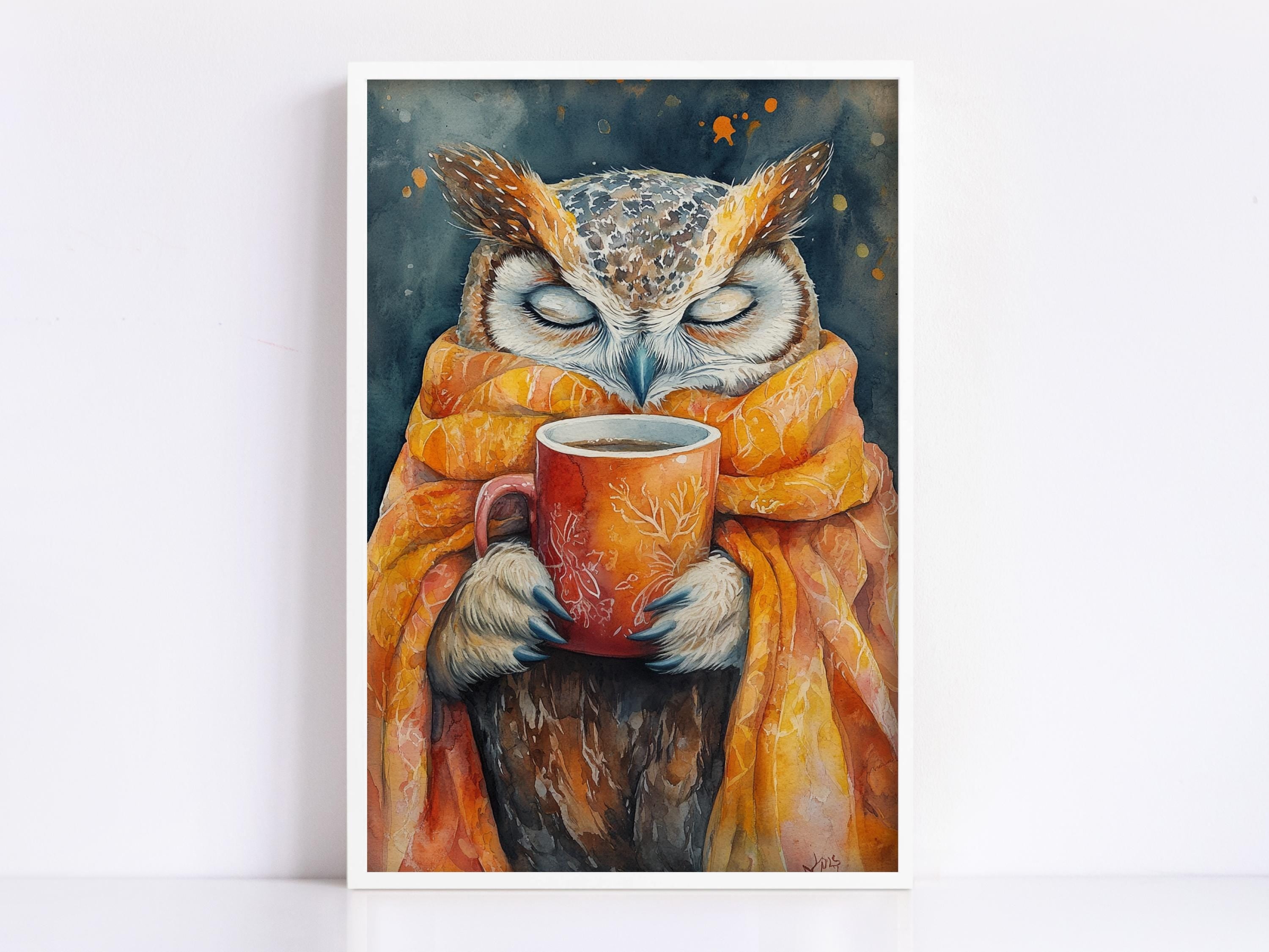 A painting of an owl wrapped in a blanket and holding a cup of coffee, with its eyes closed.