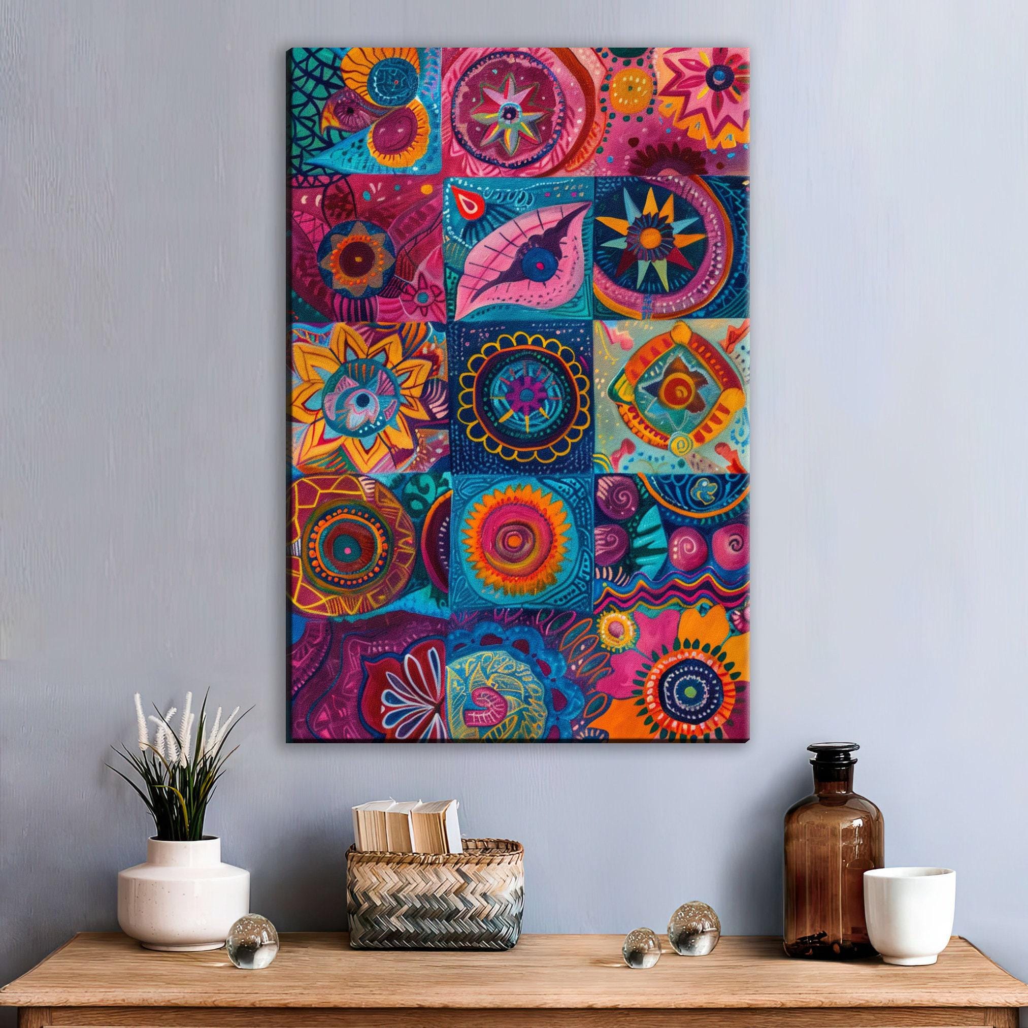 Boho Wall Art - Vibrant Bohemian Canvas Print | Extra Large Quilt Style Art