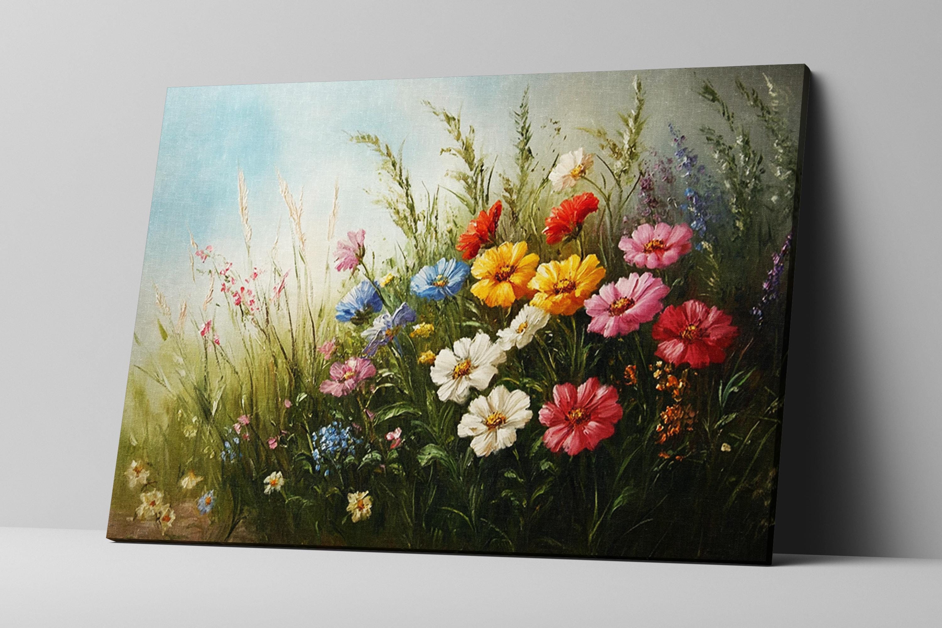 a painting of a field of flowers on a wall