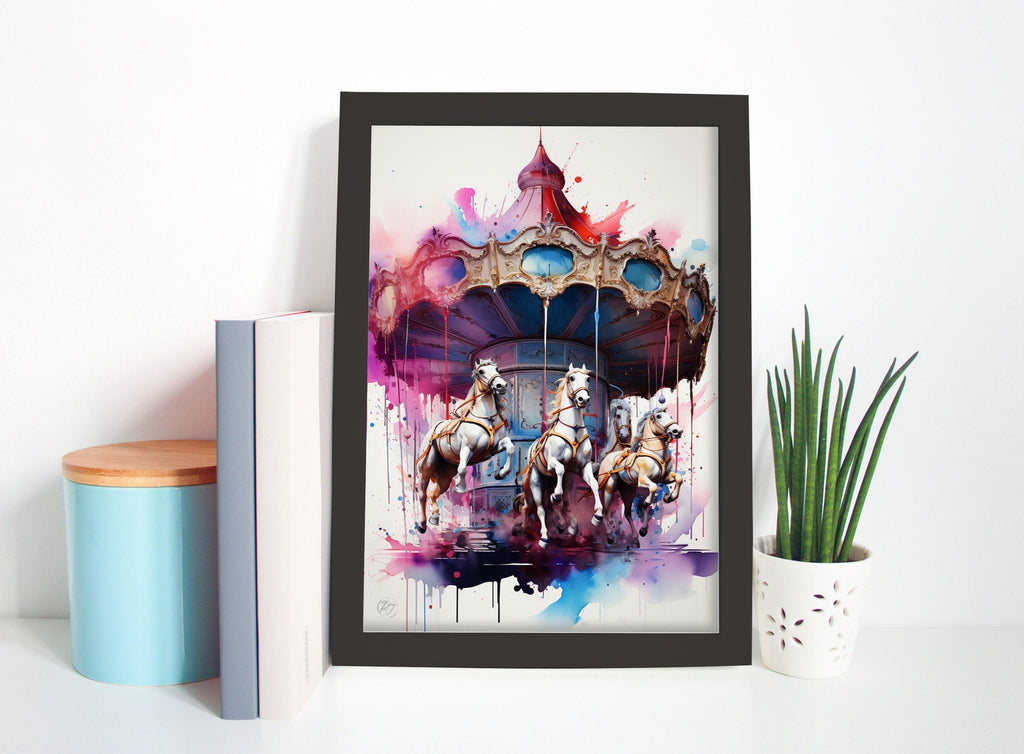 Whimsical Carousel: Watercolor Carnival Wall Art, Giclee Print on Canvas, Artist Paper, Watercolor Paper, Available in Extra Large Sizes