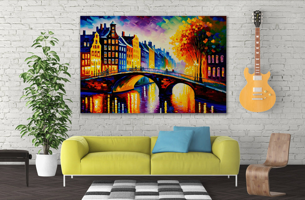 Amsterdam Canvas Art – Bridges of Amsterdam Vibrant Cityscape Painting on Gallery Ready Canvas