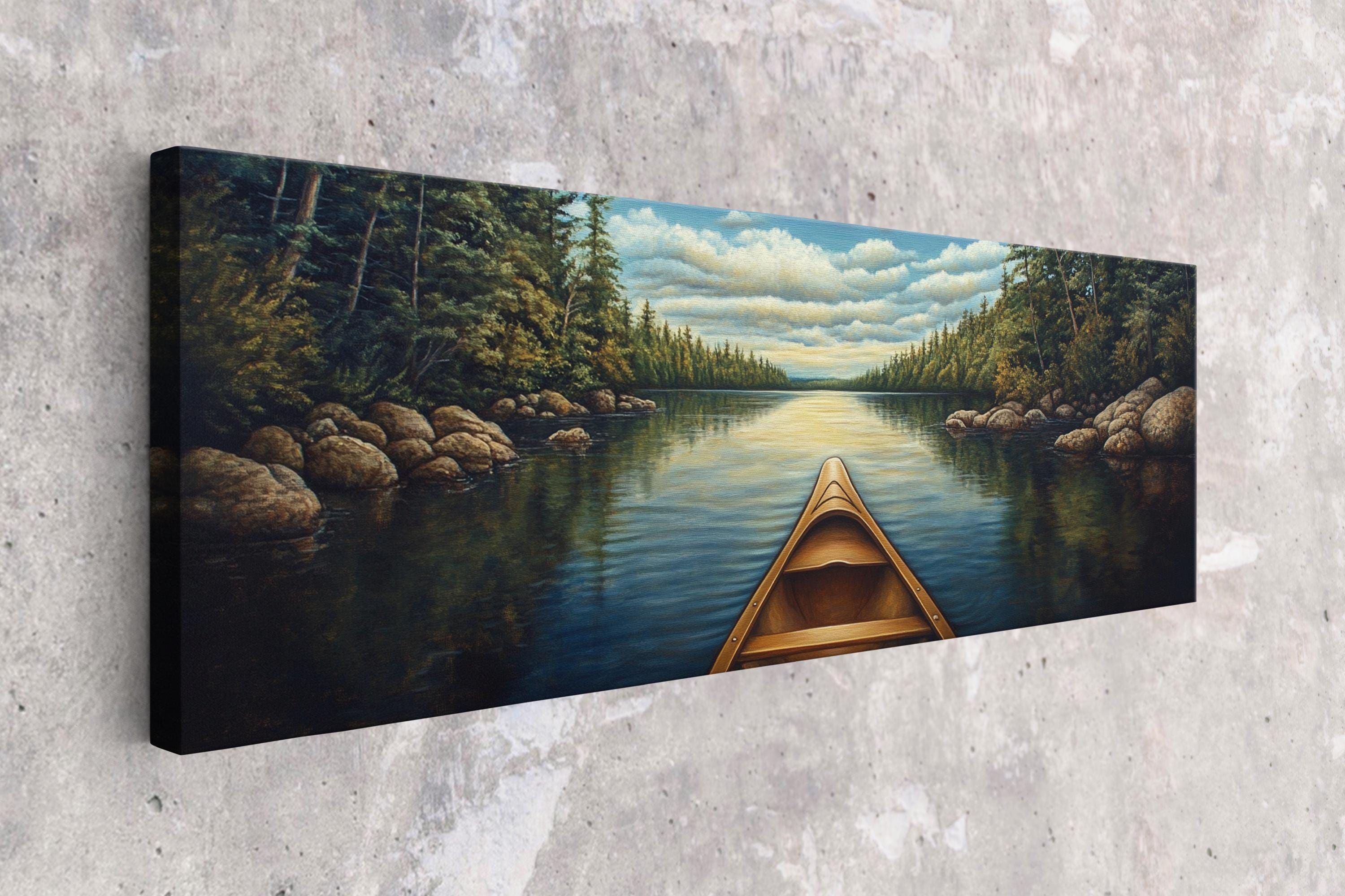 a painting of a canoe on a lake