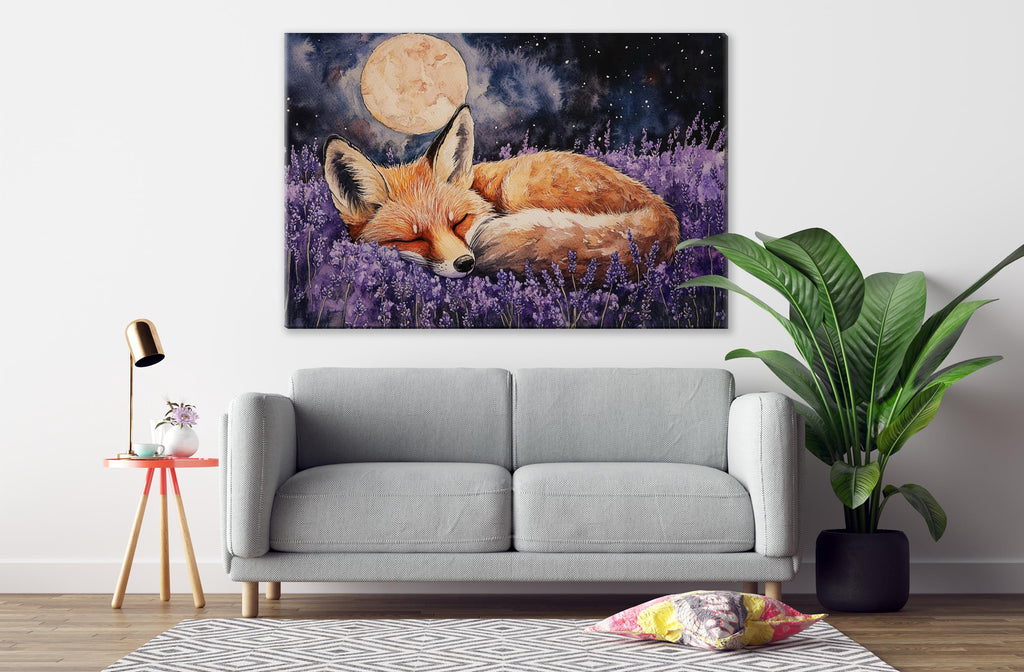 a cozy living room with a gray sofa, a potted plant, and a painting of a sleeping fox in a field of purple flowers hanging on the wall.