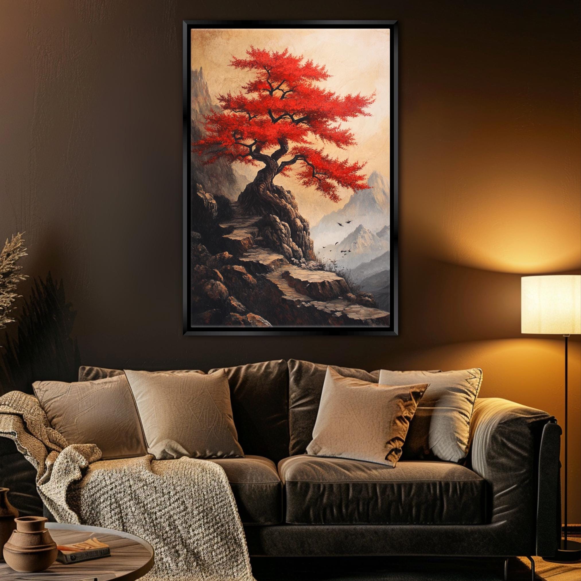 a living room with a couch and a painting on the wall