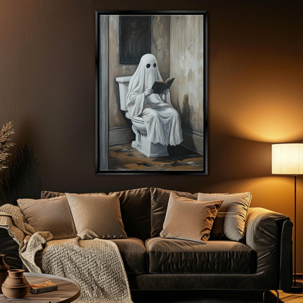 Funny Bathroom Art - Ghost Reading Toilet | Extra Large Wall Art, Gallery Wrapped Print