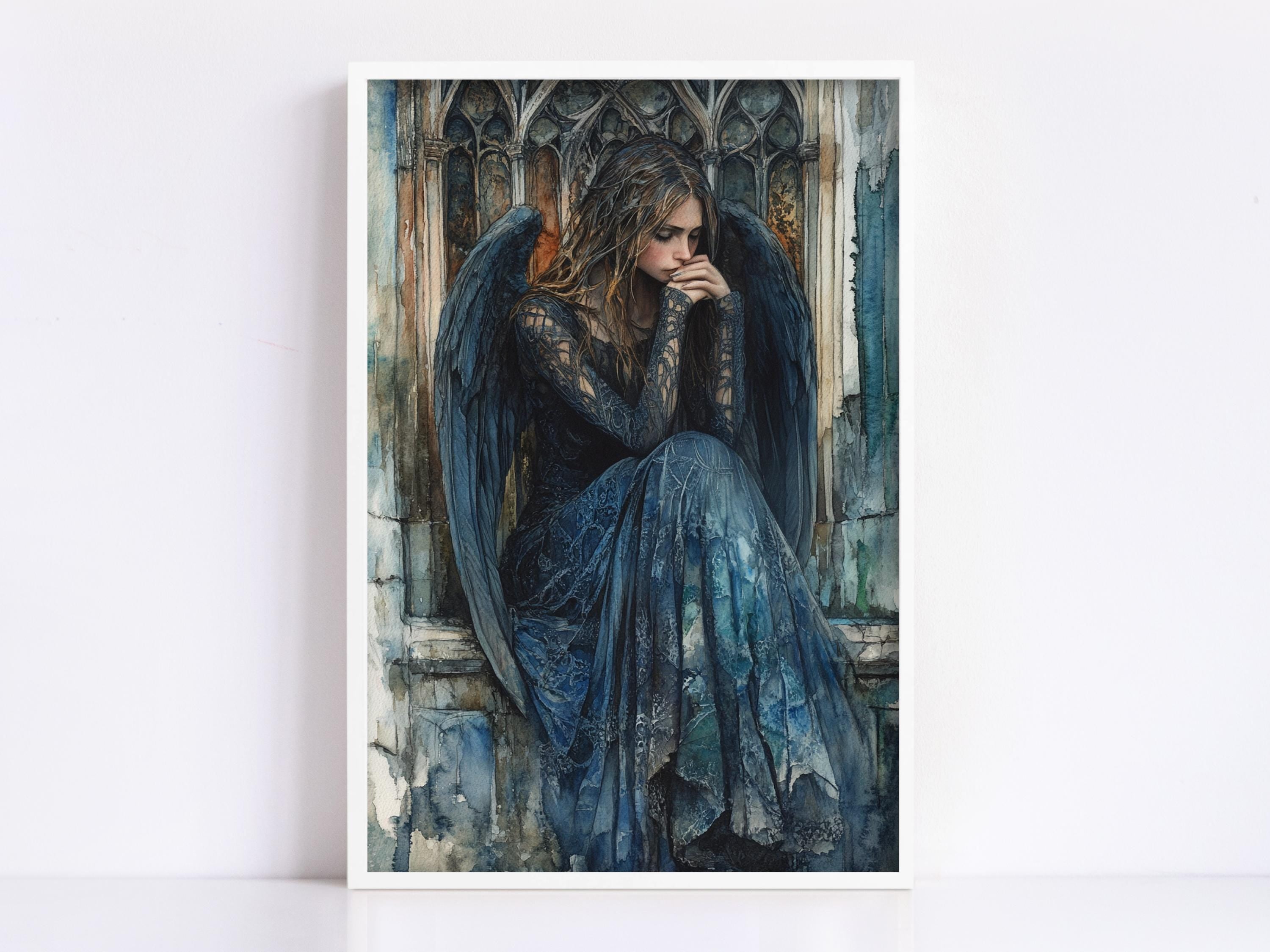 A woman with long hair and wings is depicted in a dark, moody painting, sitting in a window with her hands clasped in front of her.