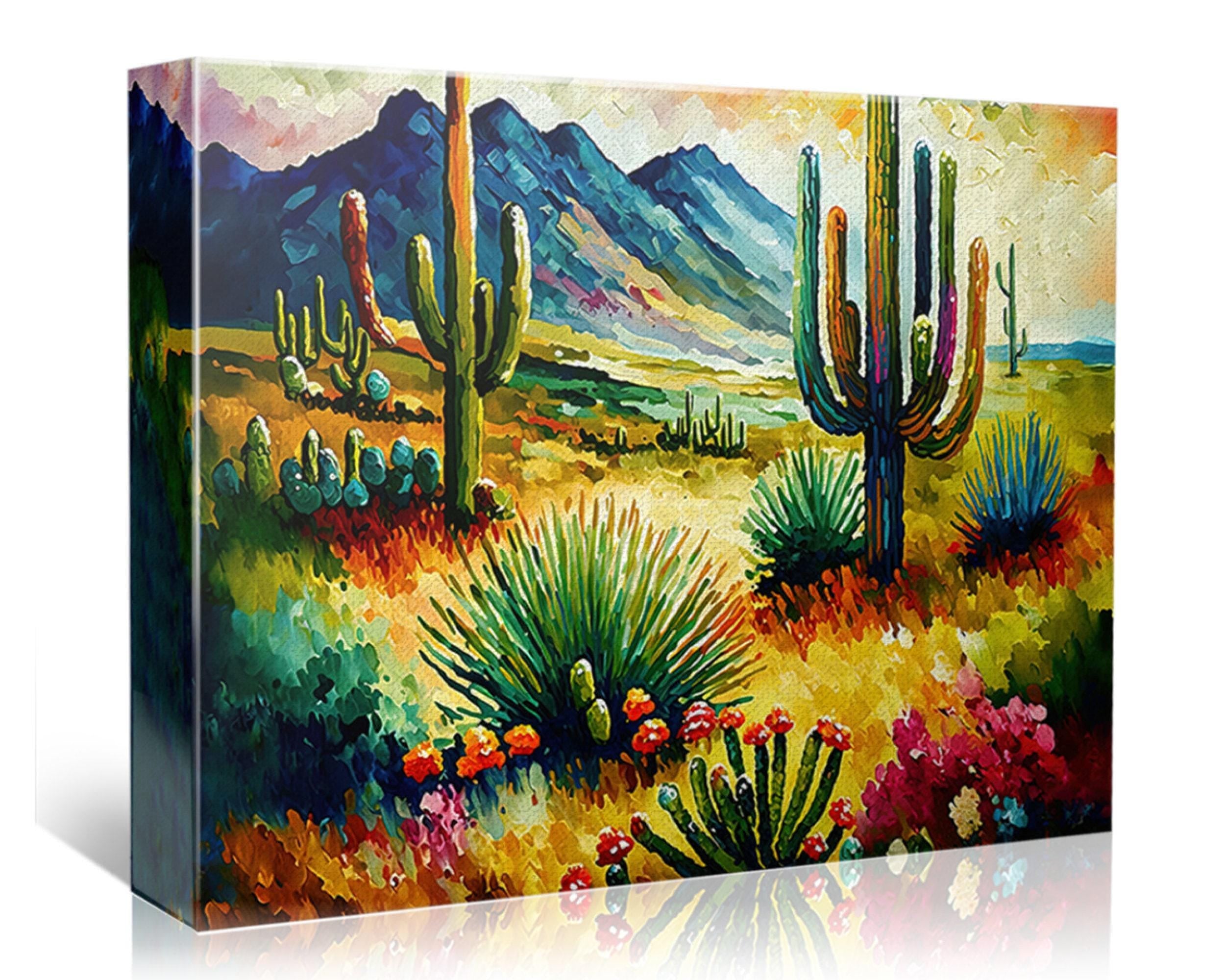The image is a vibrant painting depicting a desert landscape with cacti, flowers, and mountains in the background.