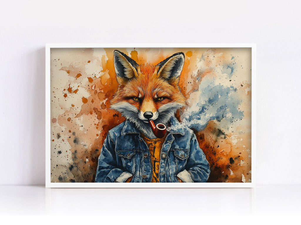 a fox wearing a denim jacket and smoking a pipe.