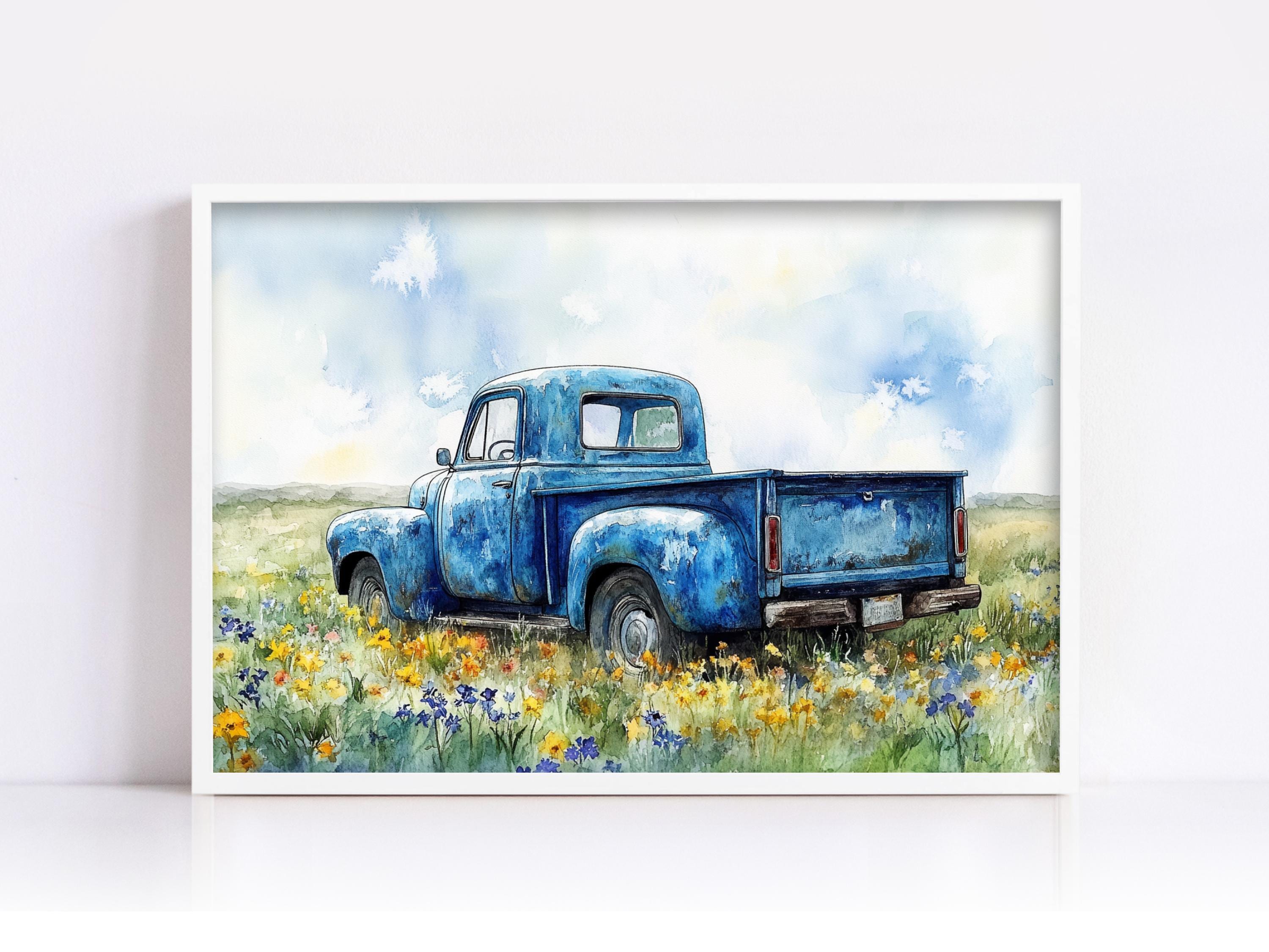 A blue vintage truck is parked in a field of wildflowers, with a cloudy sky in the background.