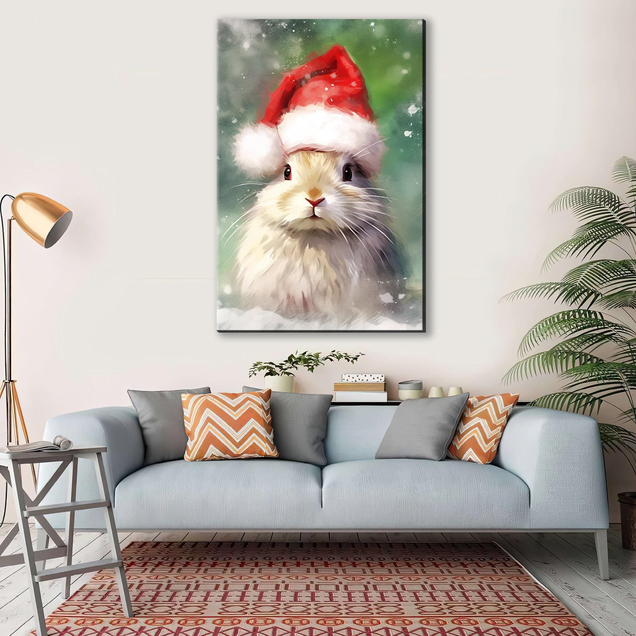 Festive Bunny Painting - Large Giclee Print On Gallery Wrapped Canvas With Holiday Charm
