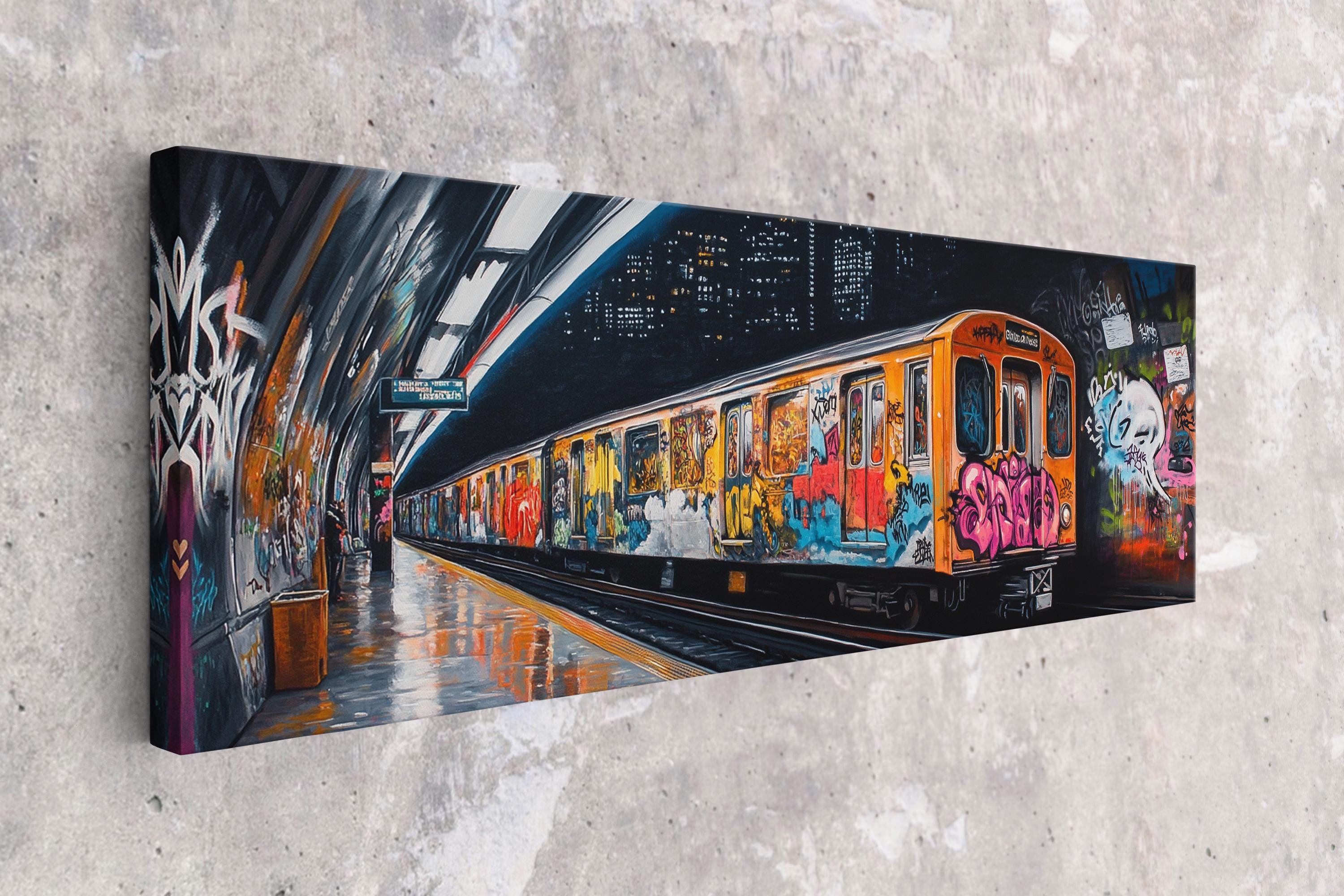 a painting of a train with graffiti on it
