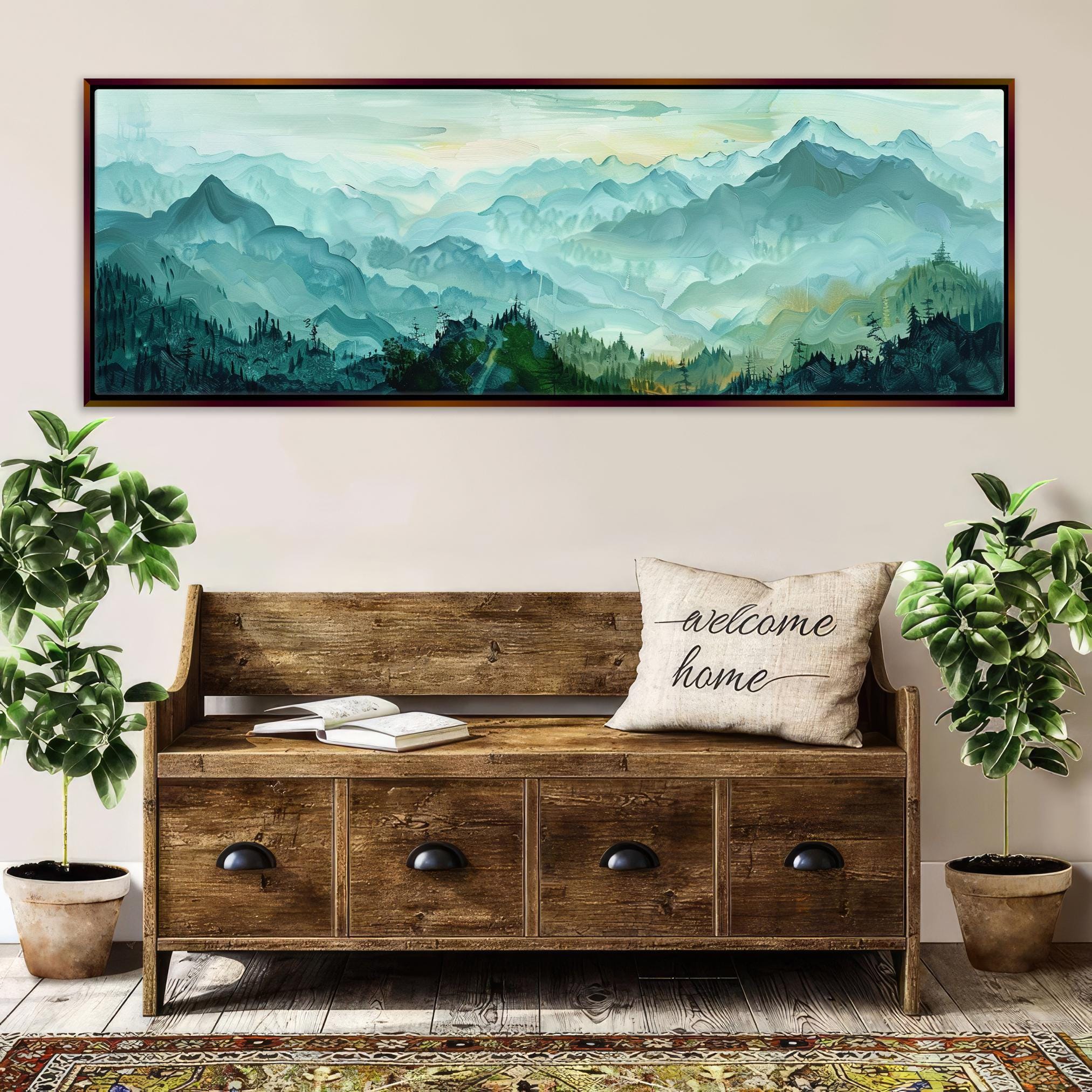 Panoramic Mountain Canvas - Large Wall Art | Framed Canvas Art, Green Blue Mountains