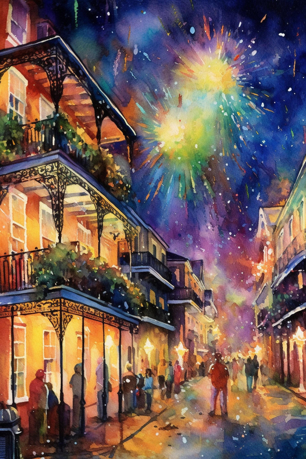 Vibrant Mardi Gras Night Celebration Watercolor –  Giclee Print on Canvas, Artist Paper, Watercolor Paper, Available in Extra Large Sizes