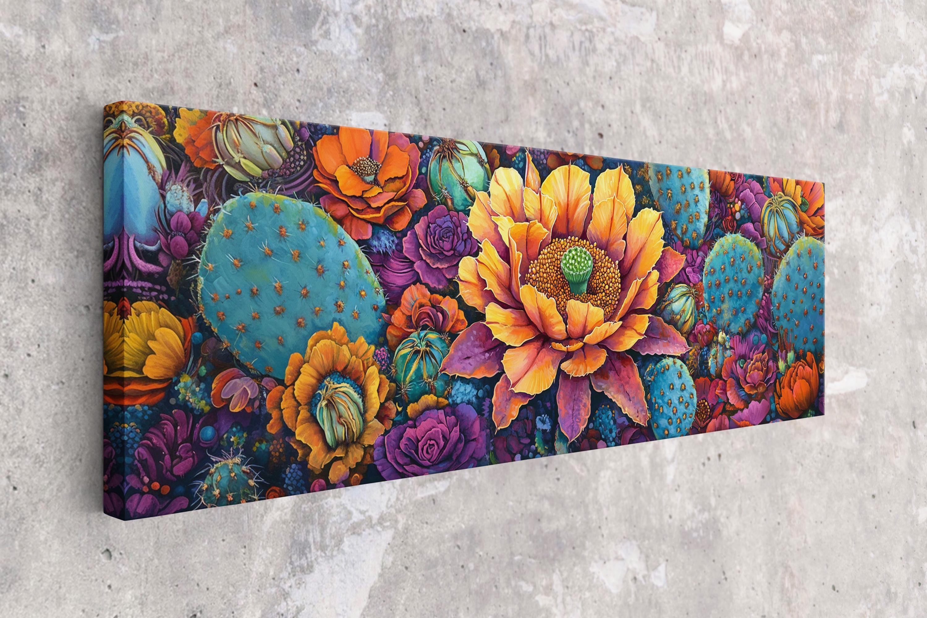 Desert Cactus Wall Art – Panoramic Framed Canvas | Oversized Saguaro Bloom Print