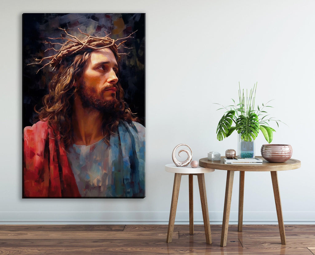 Jesus Christ Canvas Art – Large Canvas Painting with Crown of Thorns and Wood Frame