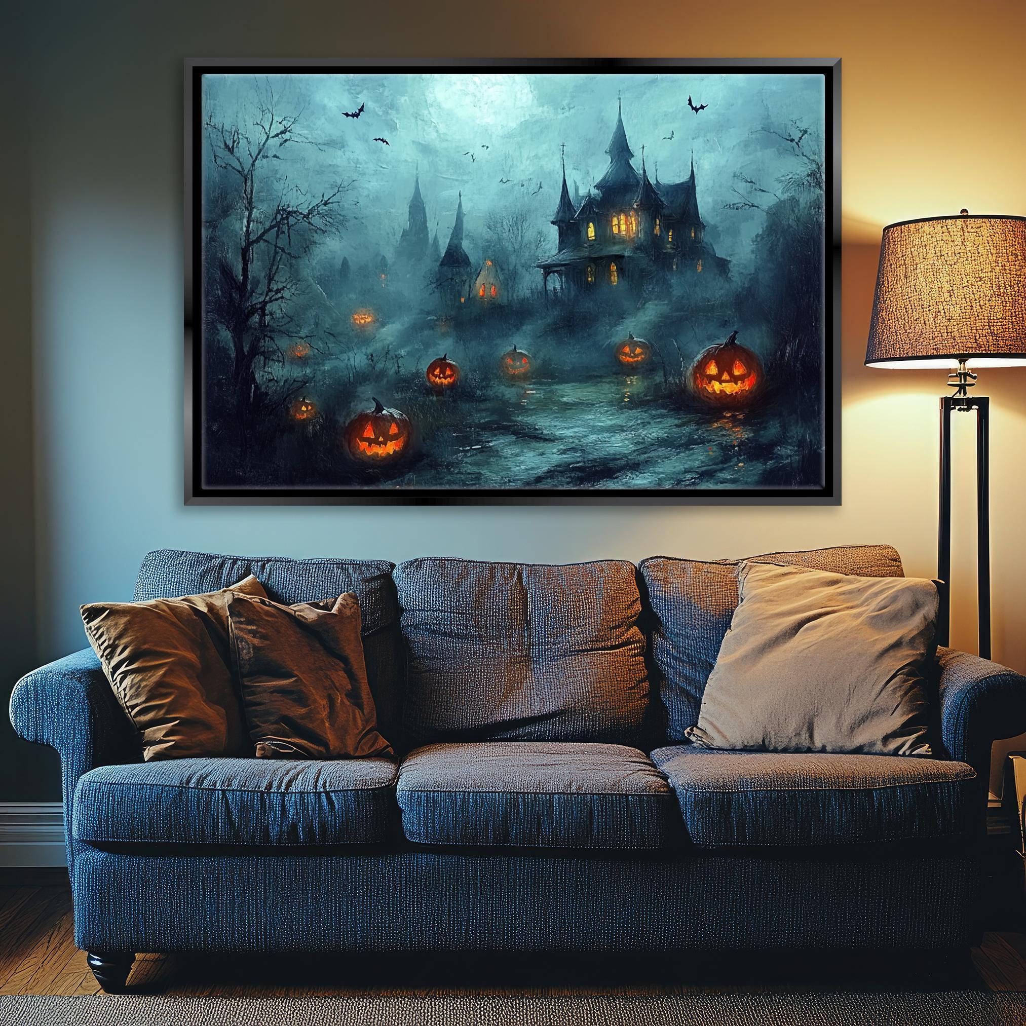 Haunted House Wall Art – Spooky Halloween Decor | Extra Large Framed Canvas