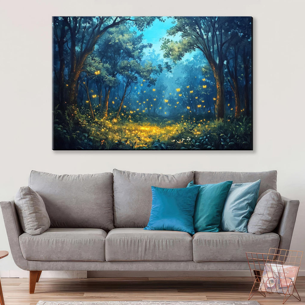 a living room with a couch and a painting on the wall