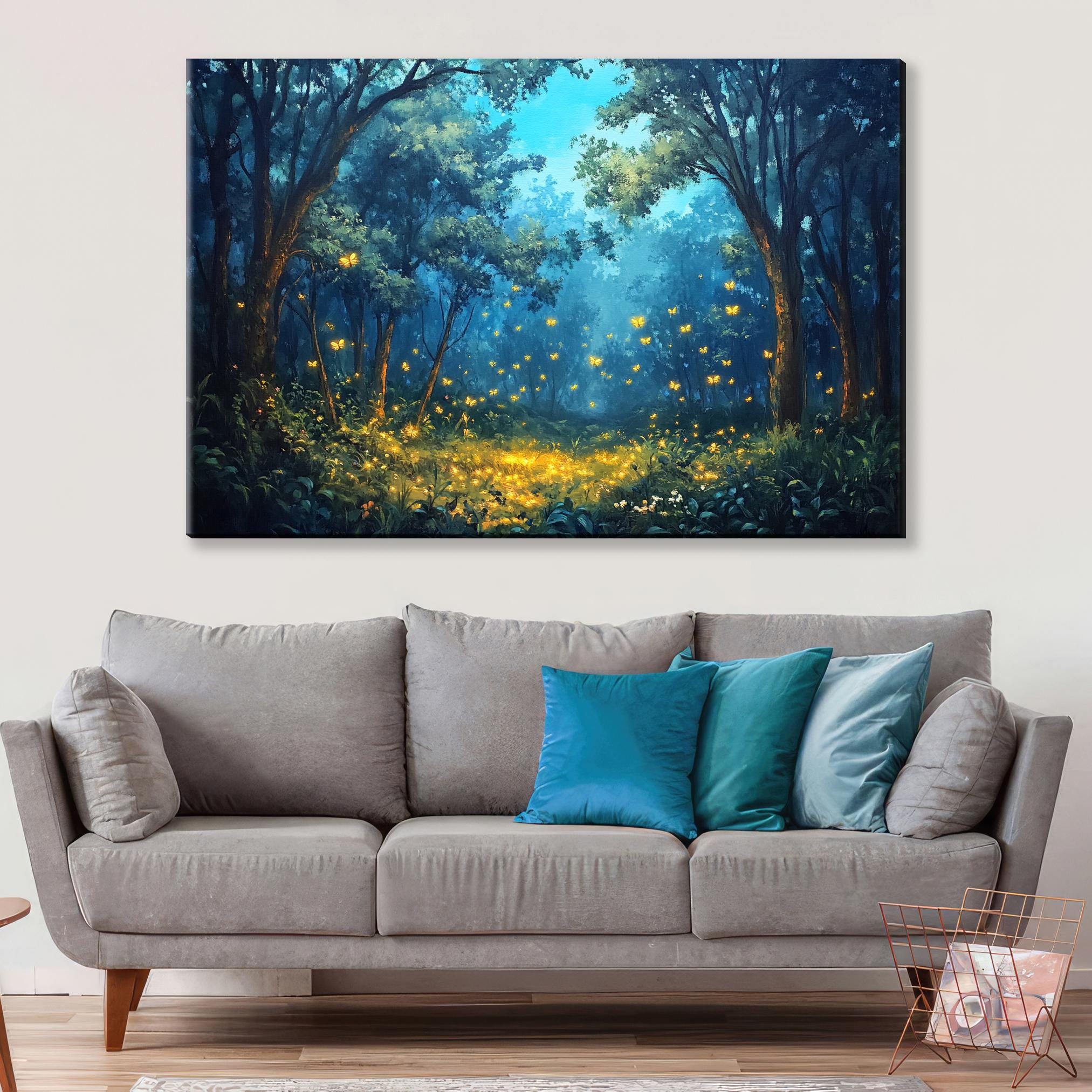 a living room with a couch and a painting on the wall