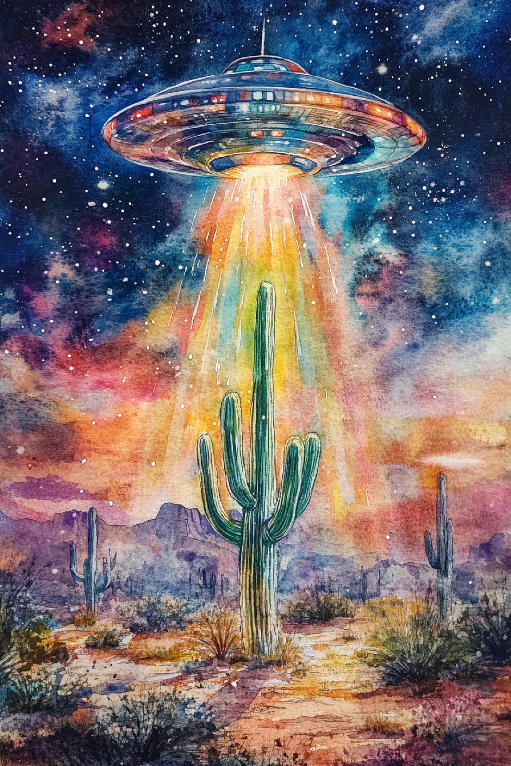 A surreal desert landscape with a large, colorful alien spacecraft hovering above a cactus in the center, surrounded by other desert plants and mountains in the background.