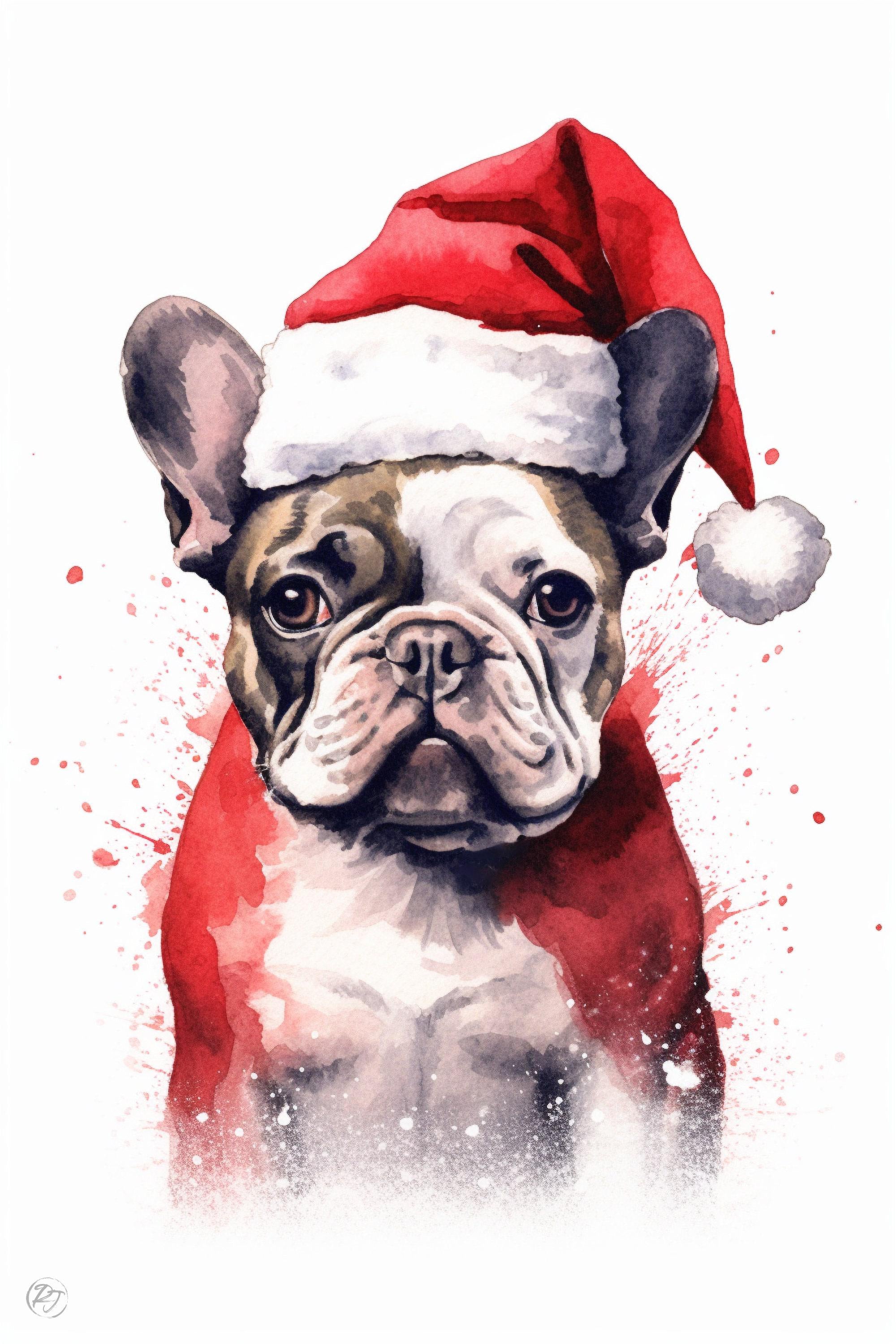 Christmas French Bulldog - Watercolor Frenchie Art, Giclee Print on Canvas, Artist Paper, Watercolor Paper, Available in Extra Large Sizes