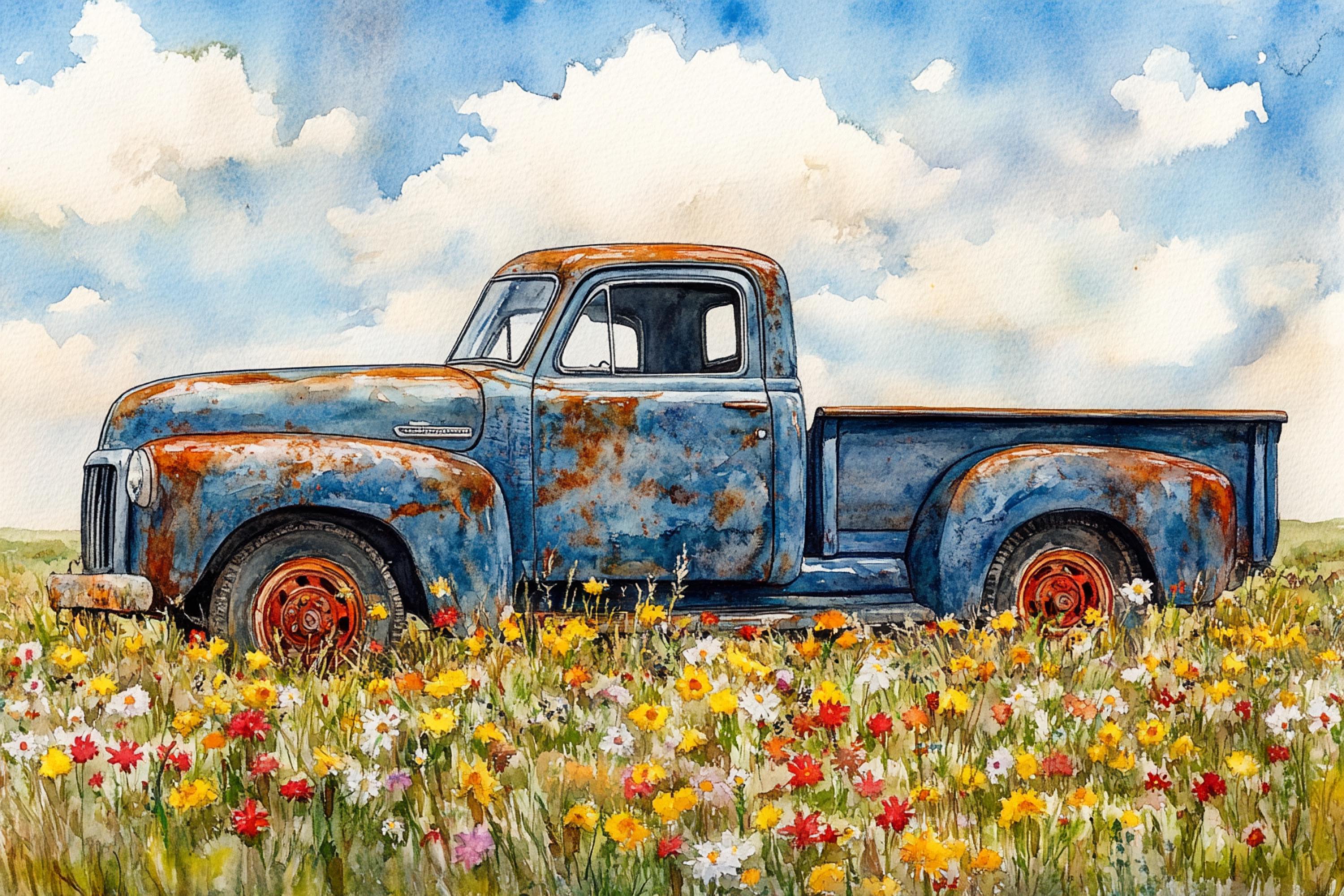 An old, rusted blue pickup truck is parked in a field of colorful wildflowers, with a cloudy sky in the background.