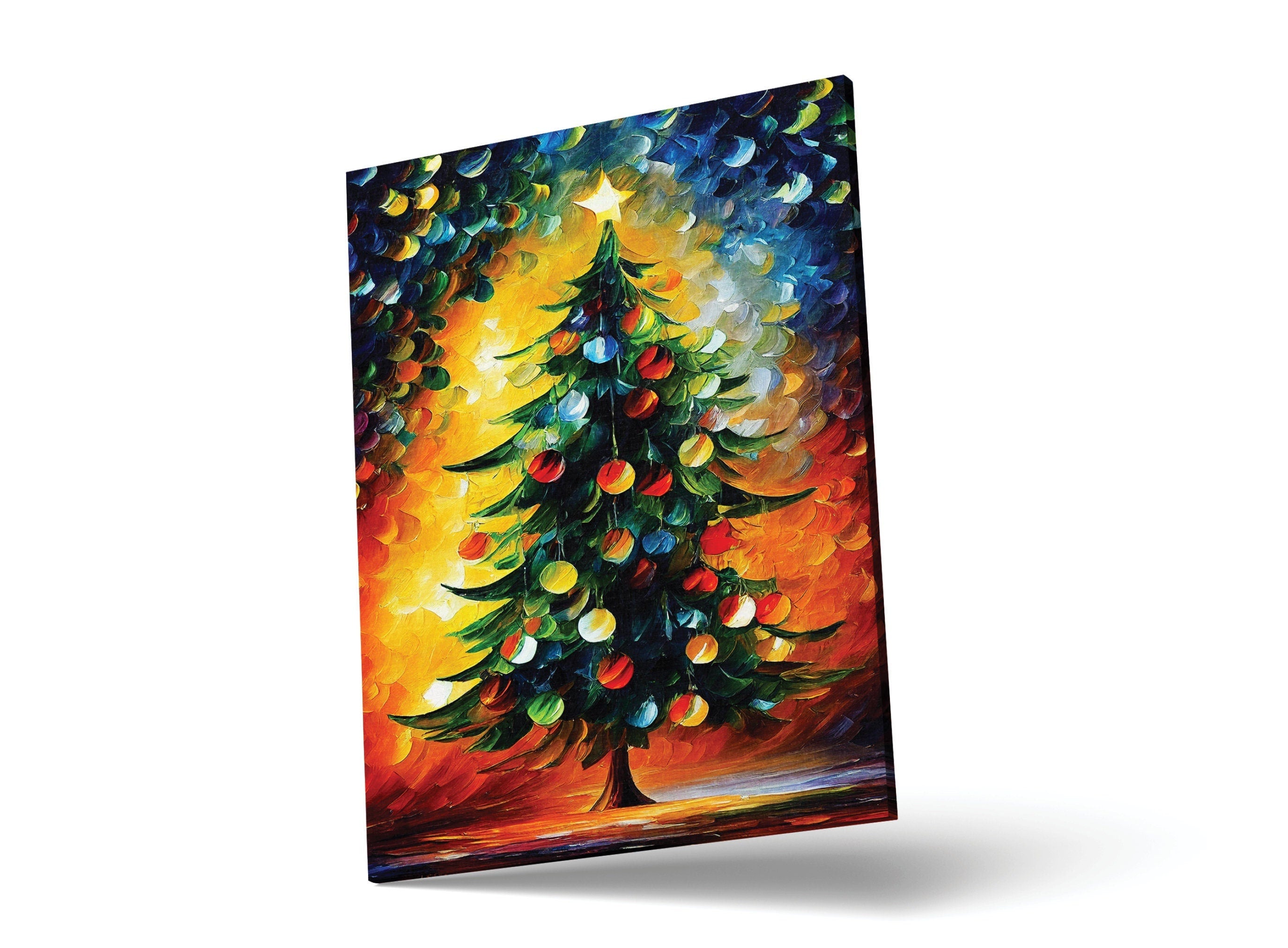 Christmas Tree Canvas Print – Festive Oil Painting With Wooden Frame Art