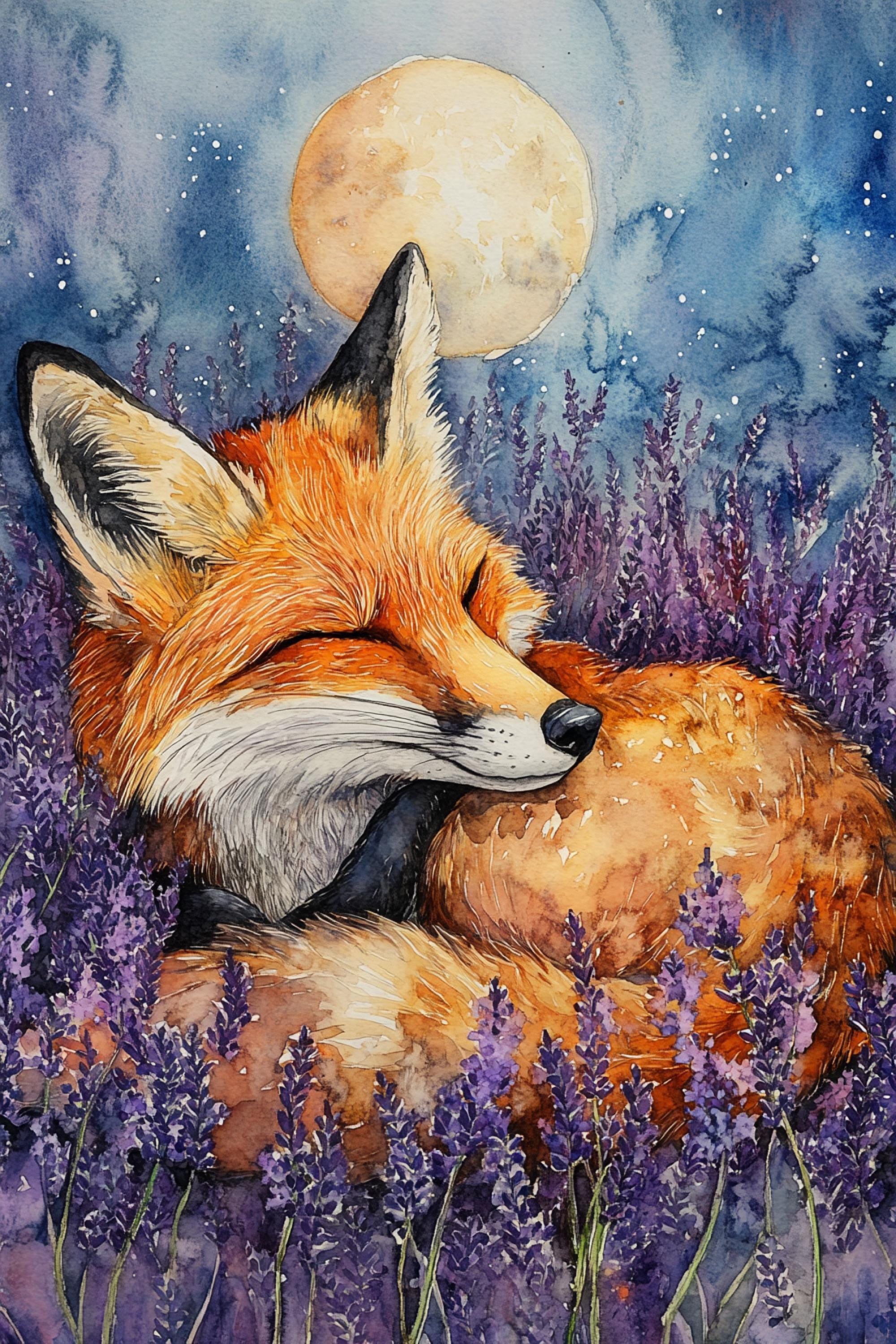 A sleeping fox rests in a field of purple flowers, with a full moon in the background.